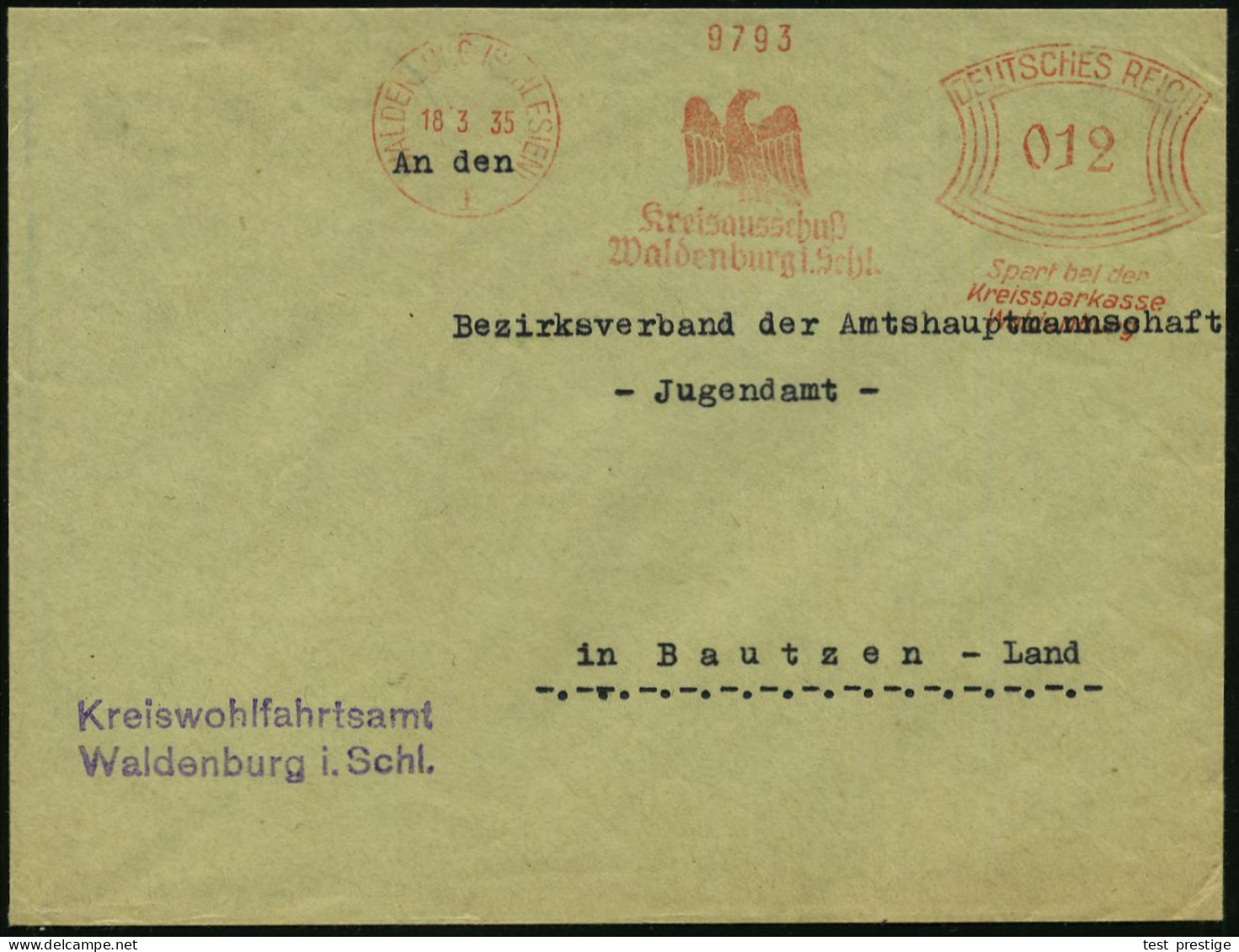 WALDENBURG (SCHLESIEN)/ Kreisausschuß/ ..Spart Bei Der/ Kreissparkasse/ Waldenburg 1935 (18.3.) Kommunaler AFS Francotyp - Autres & Non Classés