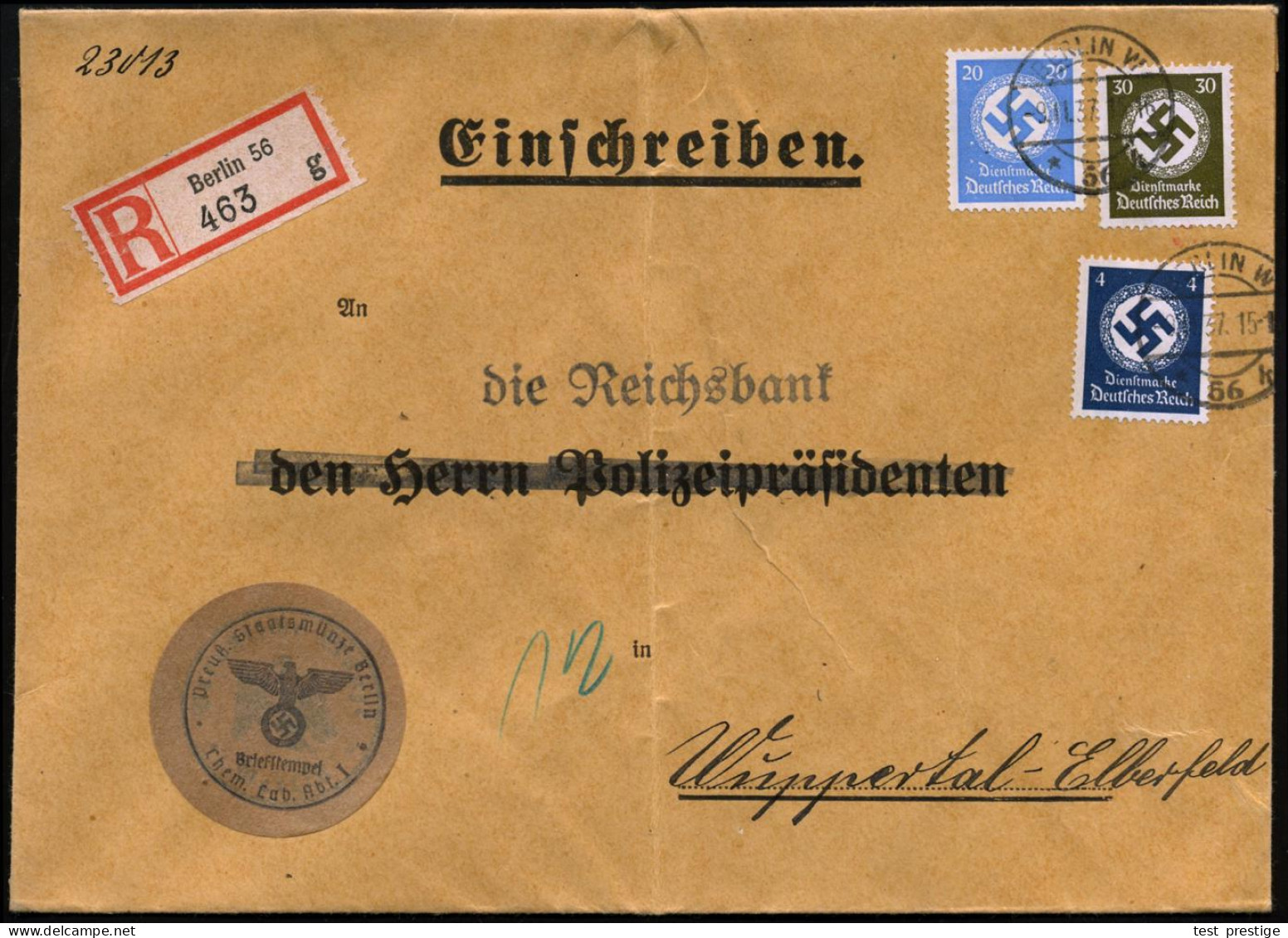 BERLIN W/ *56k 1937 (9.11.) 1K-Brücke Auf Behördendienst 4 Pf., 20 Pf. U. 30 Pf. + RZ: Berlin 56/g + Dienst-HdN: Preuß.  - Otros