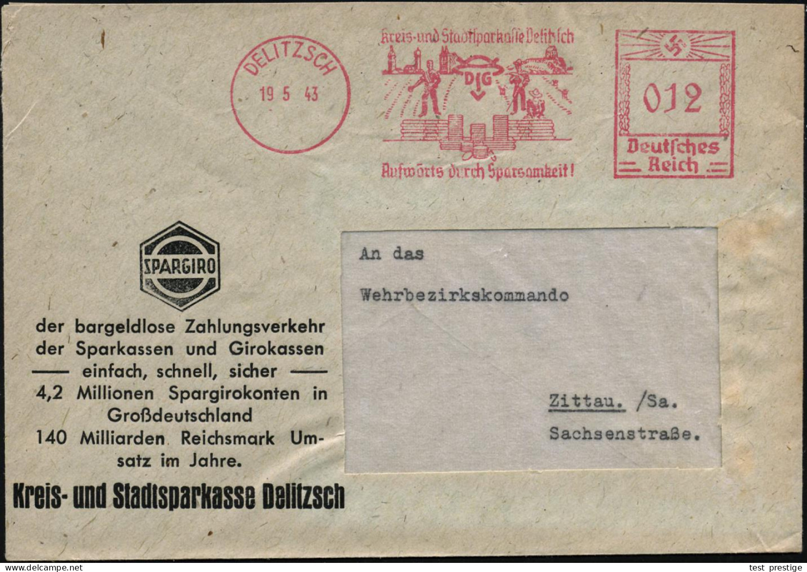 DELITZSCH/ Kreis-u.Stadtsparkasse.. 1943 (19.5.) Dekorativer AFS Francotyp = Gestapelte Banknoten U. Münzen (+ Bauern,   - Otros