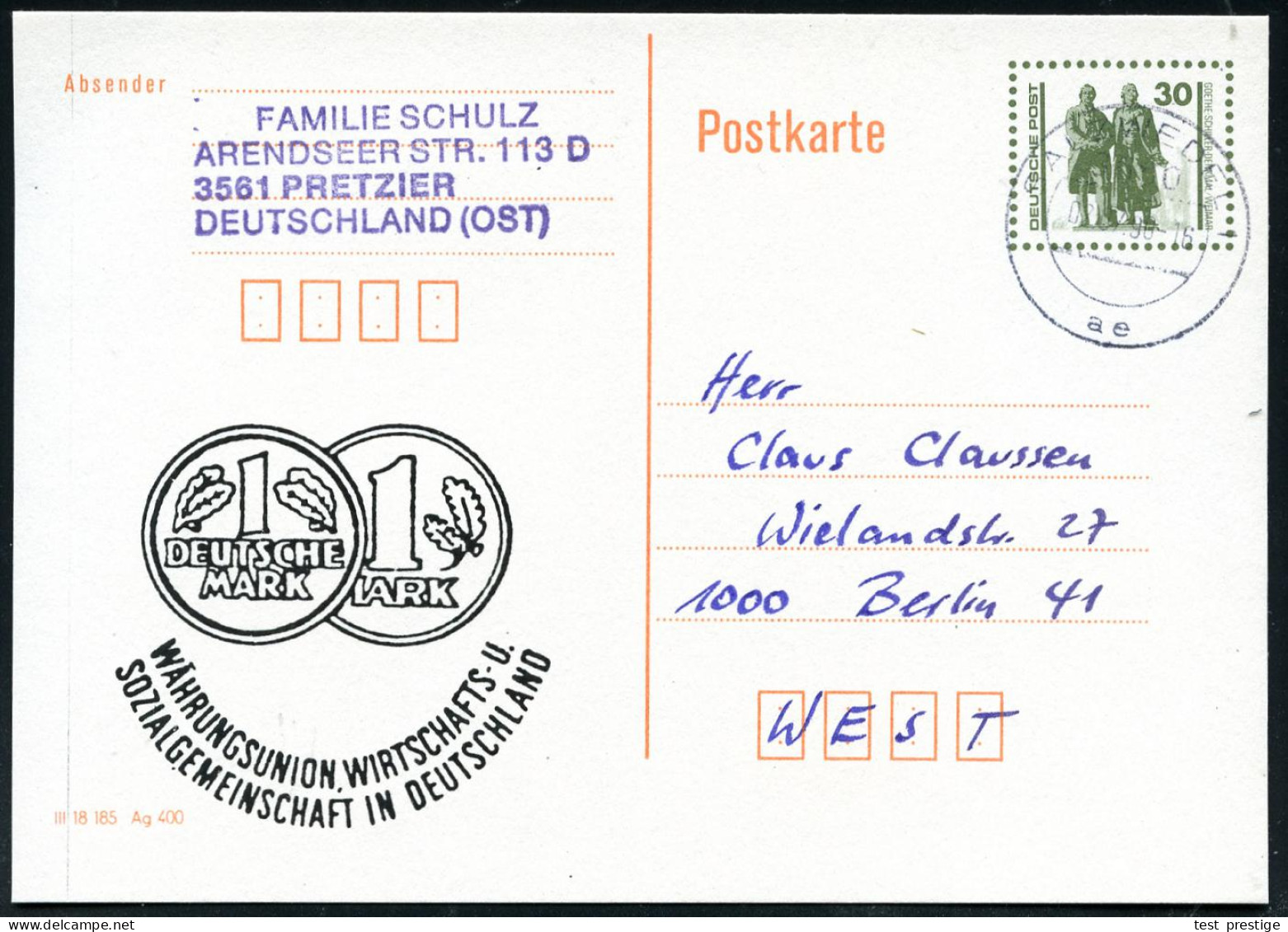 3560 SALZWEDEL 1/ Ae 1990 (2.7.) 1K-Segment Auf Inl.-P 30 Pf. VGO Goethe/Schiller , Oliv + Zudruck: WÄHRUNGSUNION..  (1. - Sonstige