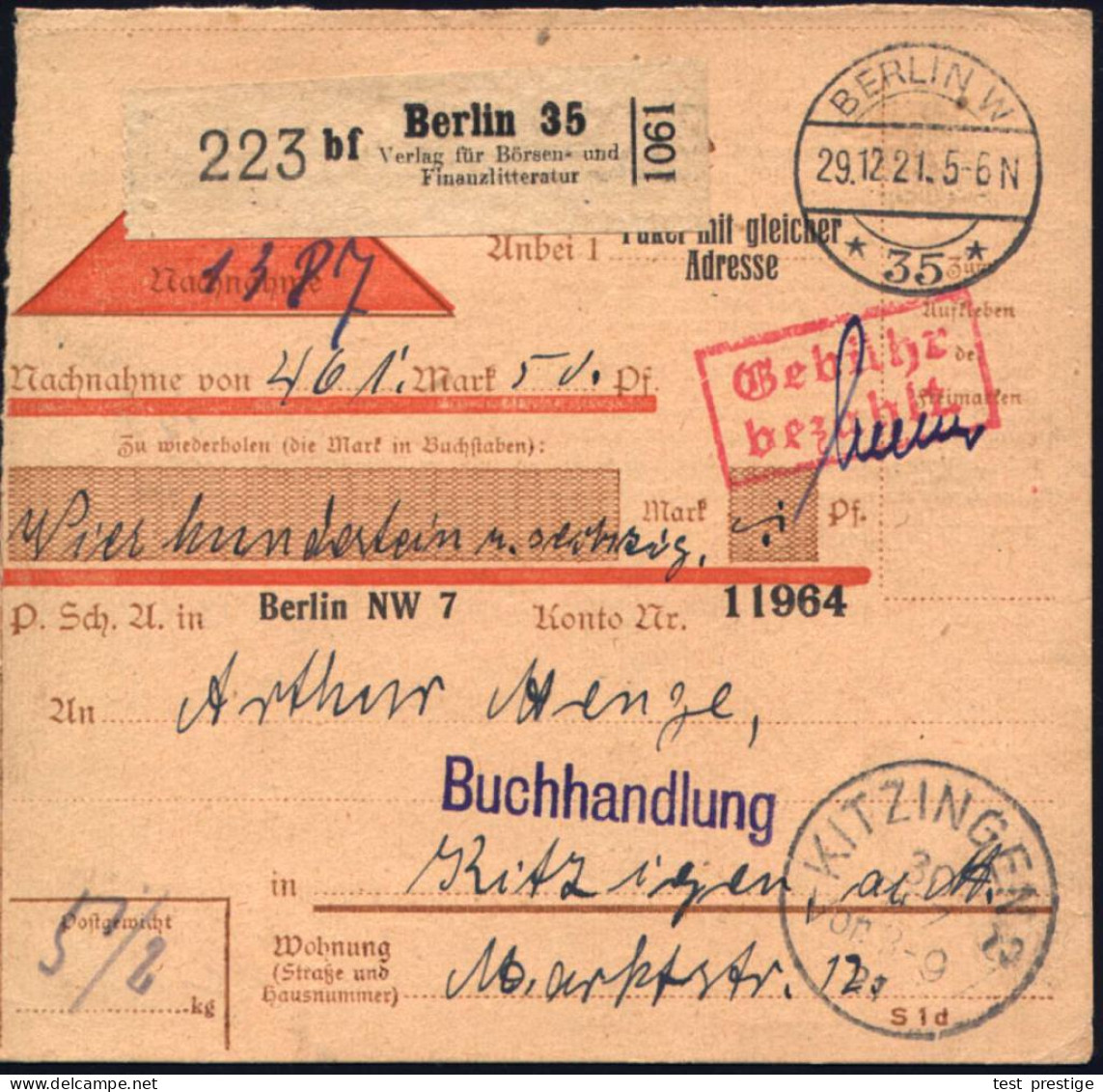 BERLIN W/ *35* 1921 (29.12.) 1K-Brücke + Selbstbucher-Paket-Zettel: Berlin 35/bf/ Verlag Für Börsen-u./Finanzliteratur + - Otros