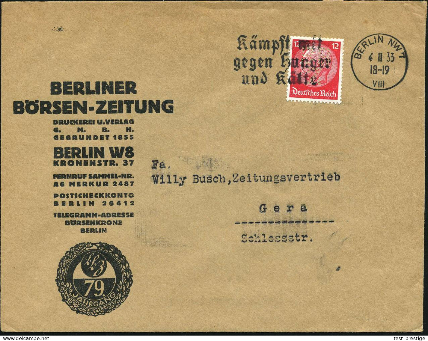 Berlin W 8 1934 (12.4.) 12 Pf. Hindenbg., Rot + Firmenlochung: "B. B. / Z" = B Erliner Börsen-Zeitung (Rollenmarke!) Kla - Otros