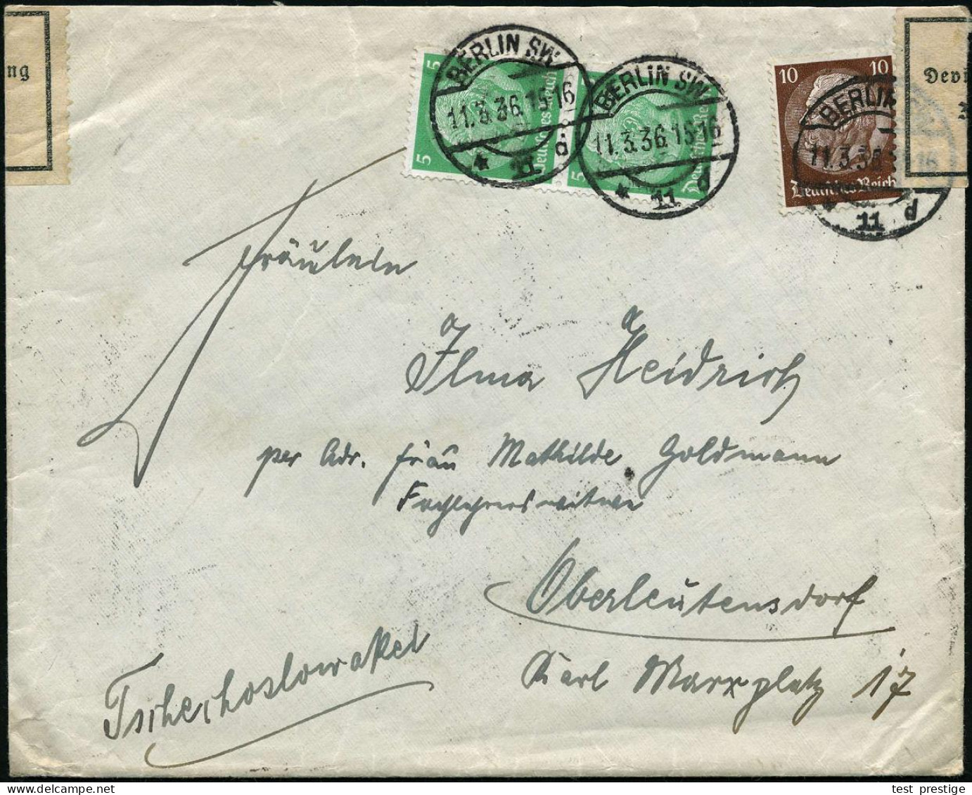 BERLIN SW/ *11d 1936 (11.3.) 1K-Brücke Auf Satzreiner Frankatur Hindenbg. 20 Pf. + Rs. Devisenzensur-Zettel + RoWellenSt - Other