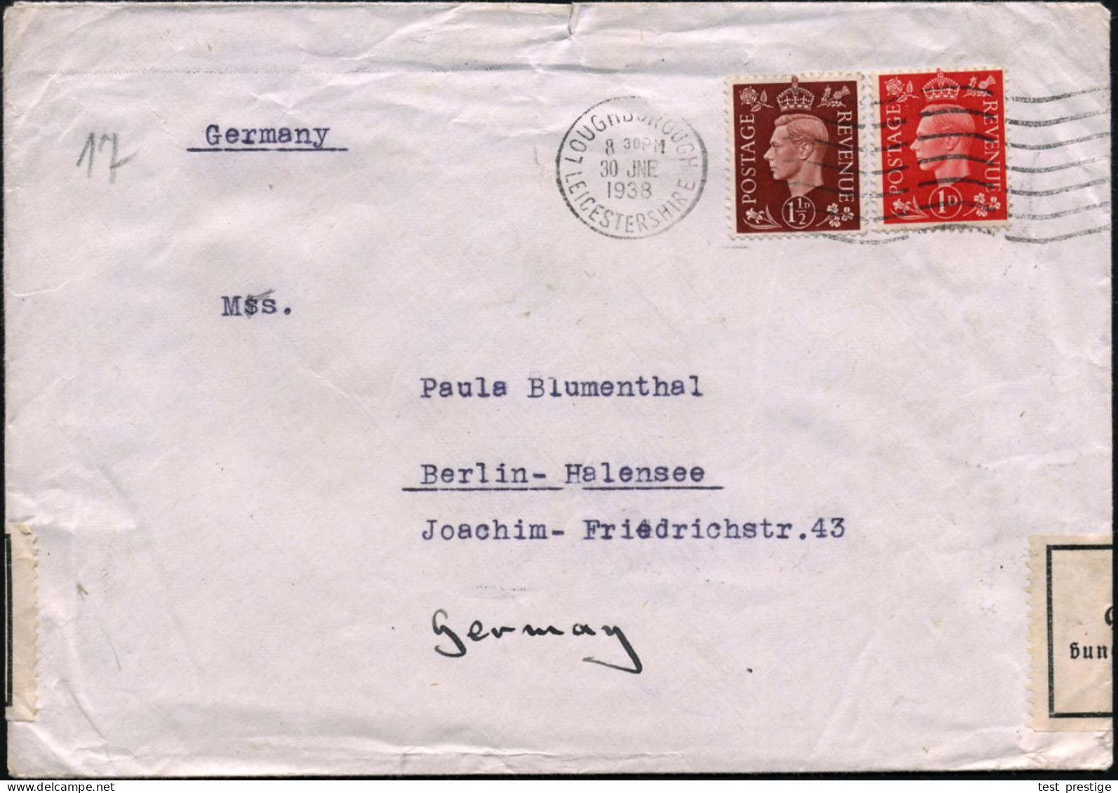 Berlin NW 7 1938 (30.6.) MaWellenSt.: LOUGHBOROUGH/LEICESTERSHIRE Auf Großbrit. 1 P. U. 1 1/2 P., Rs. Deutscher Devisenz - Autres