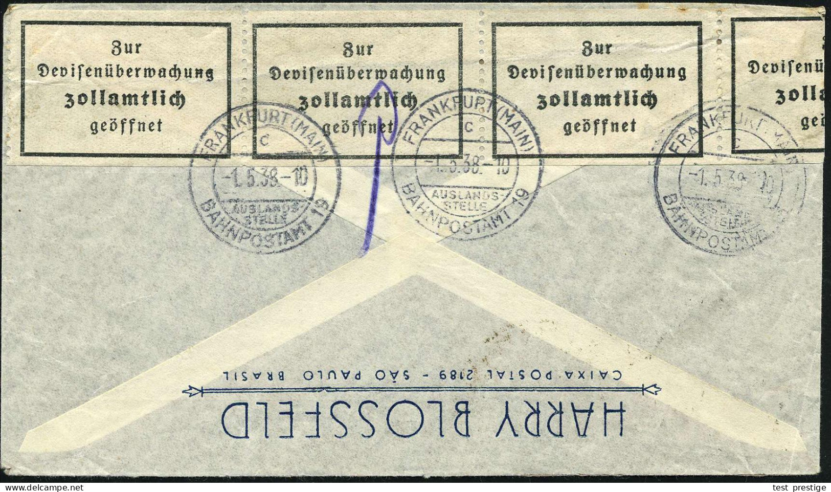 FRANKFURT (MAIN)/ C/ AUSLANDS-/ STELLE/ BAHNPOSTAMT 19 1938 (1.5.) 2K-Steg 3x Auf Devisen-Zensurstreifen (Antiqua, Viers - Sonstige
