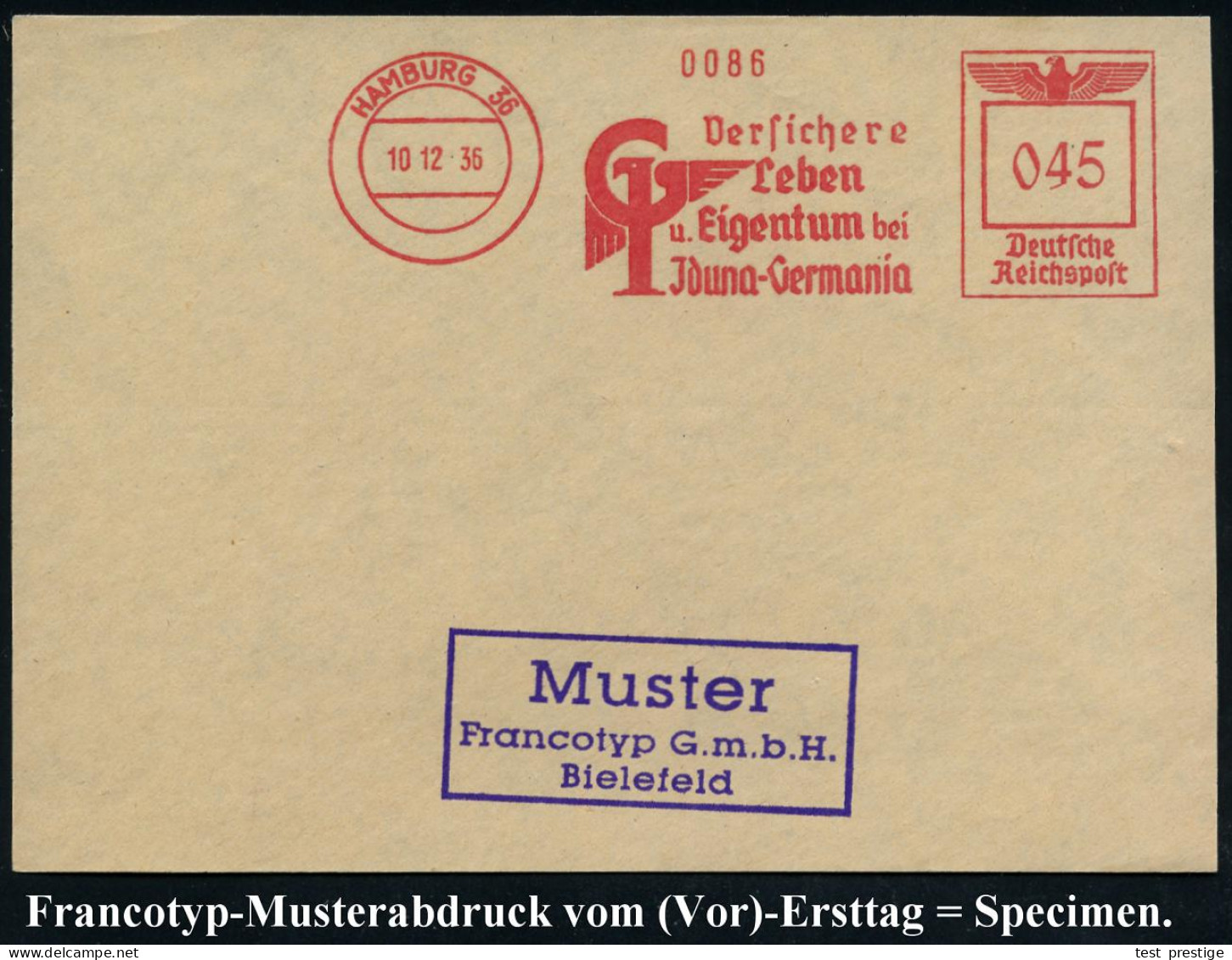 HAMBURG 36/ Versichere/ Leben/ U.Eigentum Bei/ Jduna-Germania 1936 (10.12.) AFS-Musterabdruck Francotyp  "Reichsadler" ( - Otros