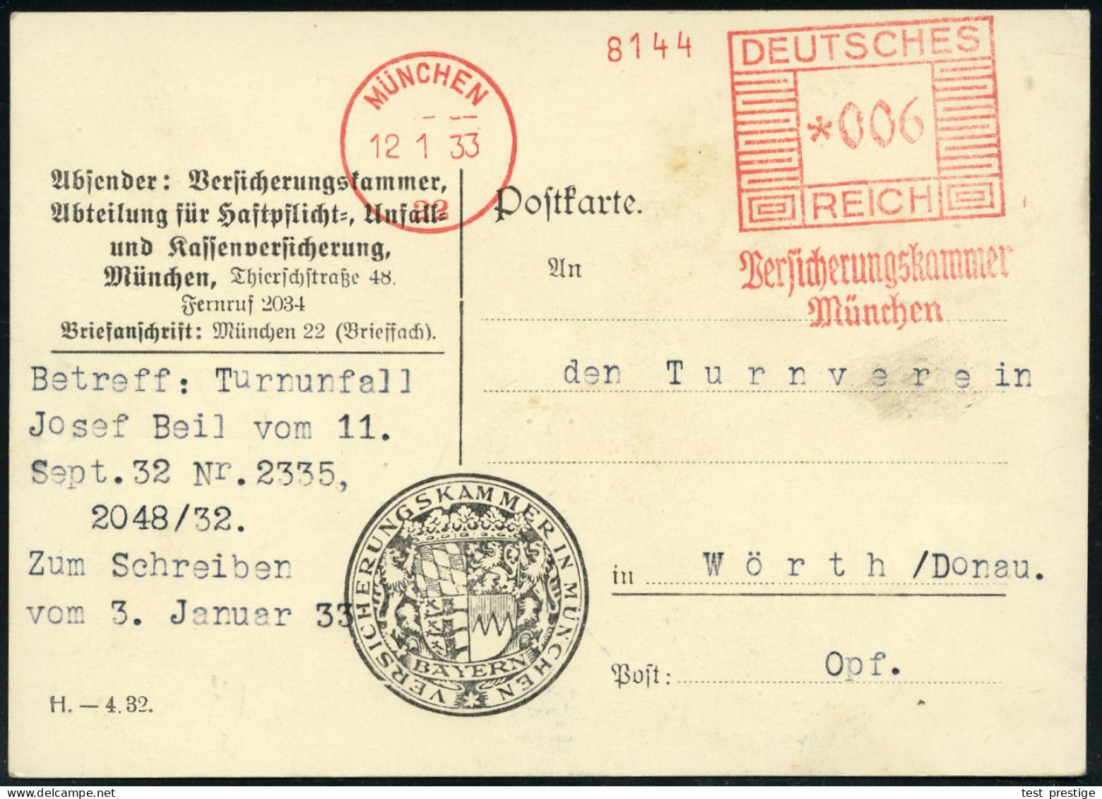 MÜNCHEN/ 22/ Versicherungskammer 1933 (12.1.) AFS Francotyp Auf Dienst-Kt. Mit Altem Bayer.Staatswappen , Betr. Turn-Unf - Otros
