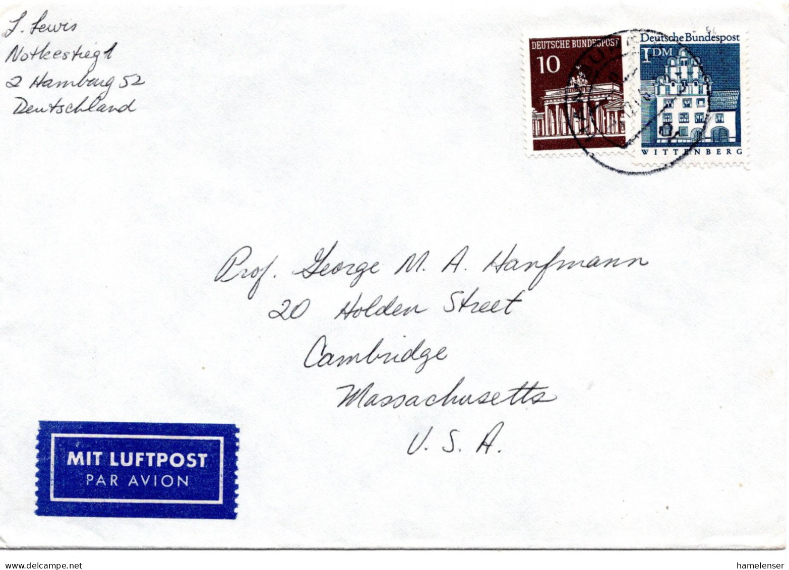 69753 - Bund - 1966 - 1DM Gr.Bauten MiF A LpBf HAMBURG -> Cambridge, MA (USA) - Cartas & Documentos