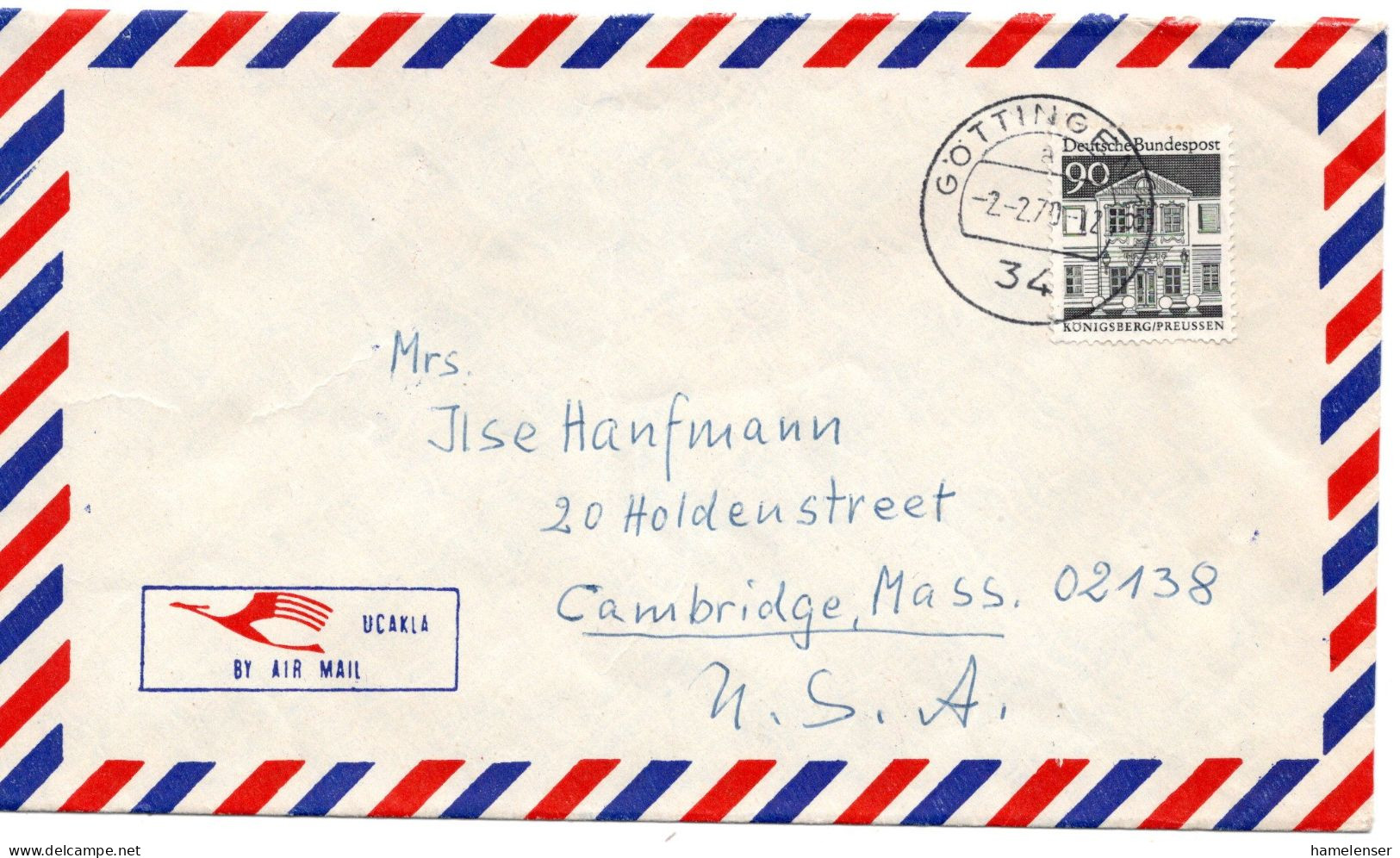 69754 - Bund - 1970 - 90Pfg Gr.Bauten EF A LpBf GOETTINGEN -> Cambridge, MA (USA) - Storia Postale