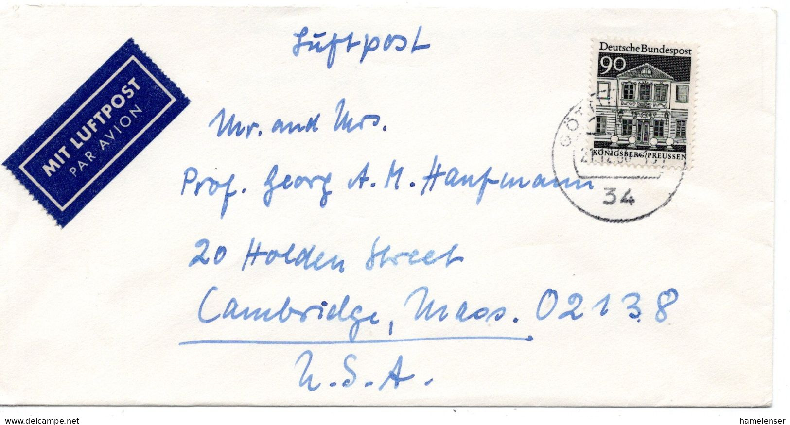 69755 - Bund - 1966 - 90Pfg Gr.Bauten EF A LpBf GOETTINGEN -> Cambridge, MA (USA) - Lettres & Documents