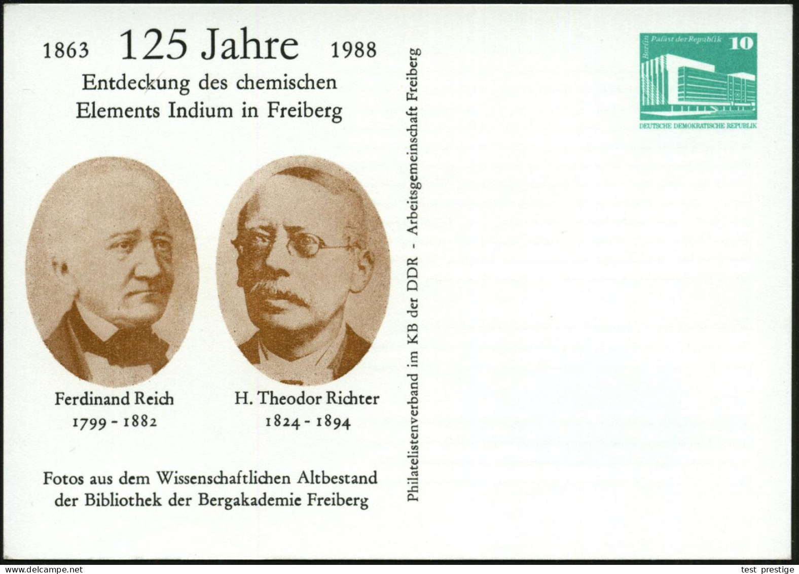 Freiberg 1986 (Okt.) PP 10 Pf. PdR., Grün: Vor 100 Jahren Entdeckung Des Chem. Elements Indium.. Mit Portraits Ferd. Rei - Chimie