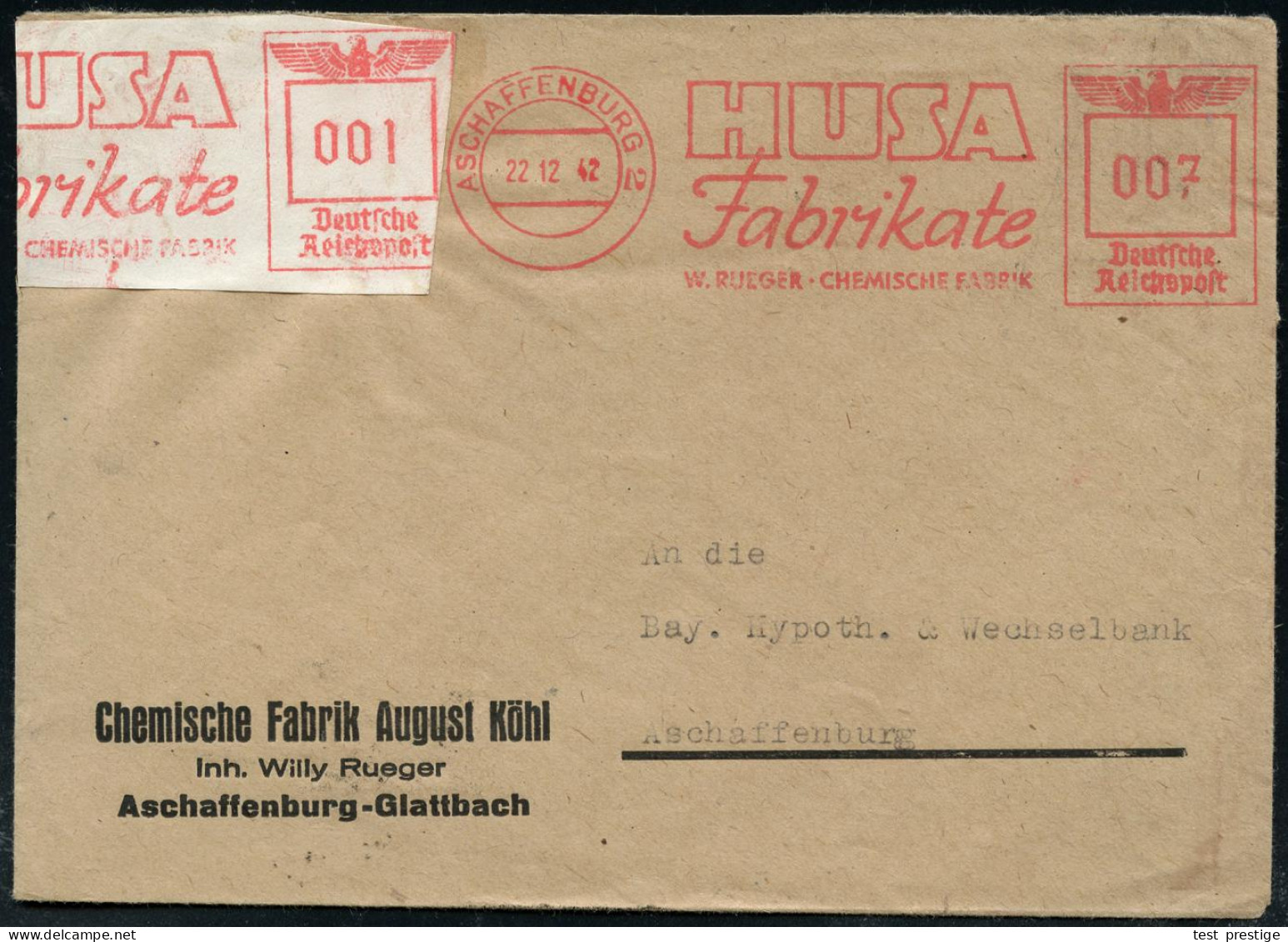 ASCHAFFENBURG 2/ HUSA/ Fabrikate/ W.RUEGER-CHEMISCHE FABRIK 1942 (22.12.) AFS Francotyp 007 Pf. + Aufkleber Mit AFS 001  - Chemie