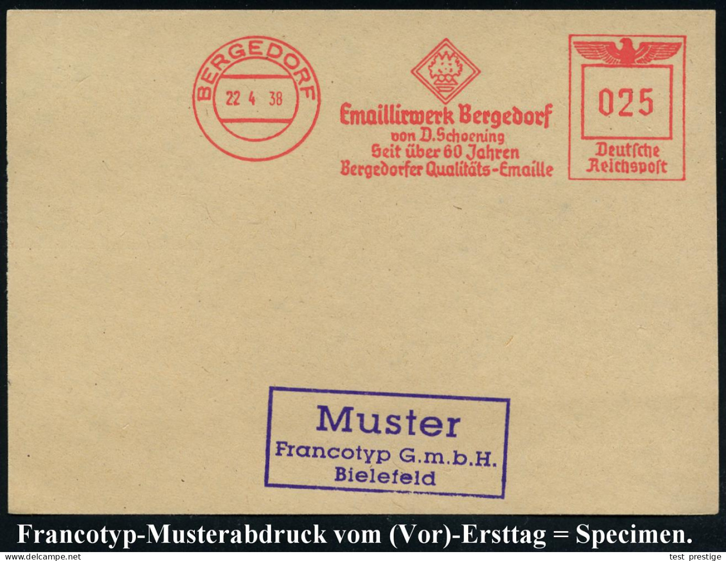 BERGEDORF/ Emaillierwerk Bergedorf/ Von D.Schoening/ Seit über 60 Jahren.. 1938 (22.4.) AFS-Musterabdruck Francotyp  "Re - Chimie