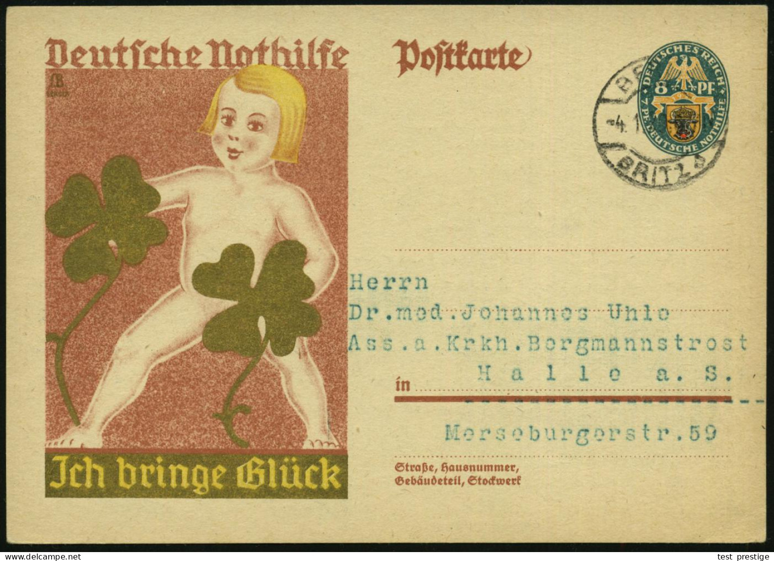 Berlin-Britz 1929 (Jan.) Amtl. Nothilfe-P. 8 Pf.: "Ich Bringe Glück" (Kind Mit Gold-Kleeblättern) Rs. Reklame-Zudruck: J - Chemie