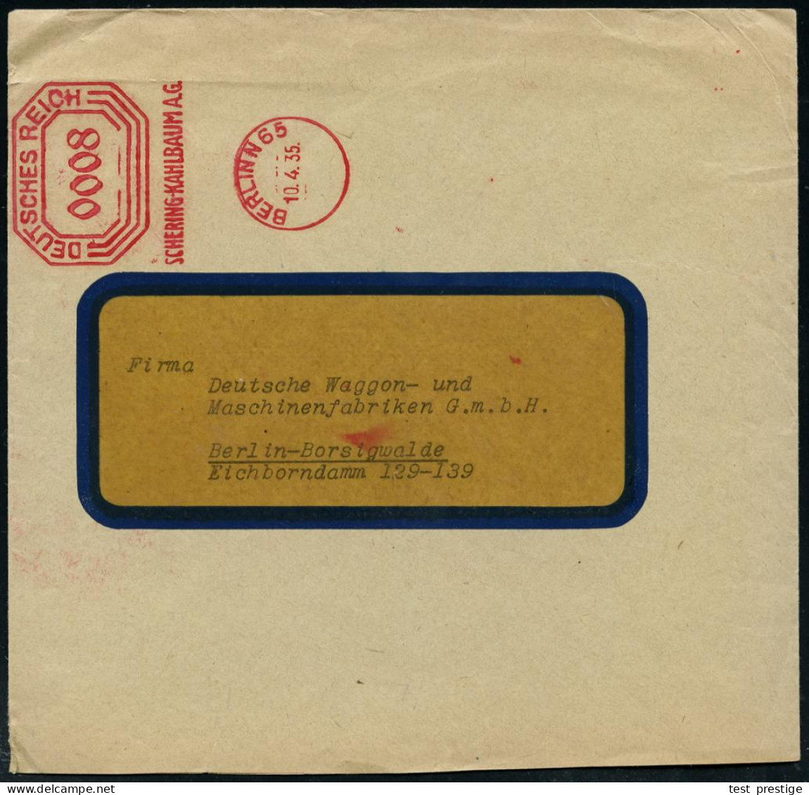 BERLIN N 65/ SCHERING-KAHLBAUM 1935 (10.4.) Seltener AFS-Vorläufer, Vertikal-Typ Bafra, Vierstellig 0012 Pf. , Firmen-Bf - Chemie