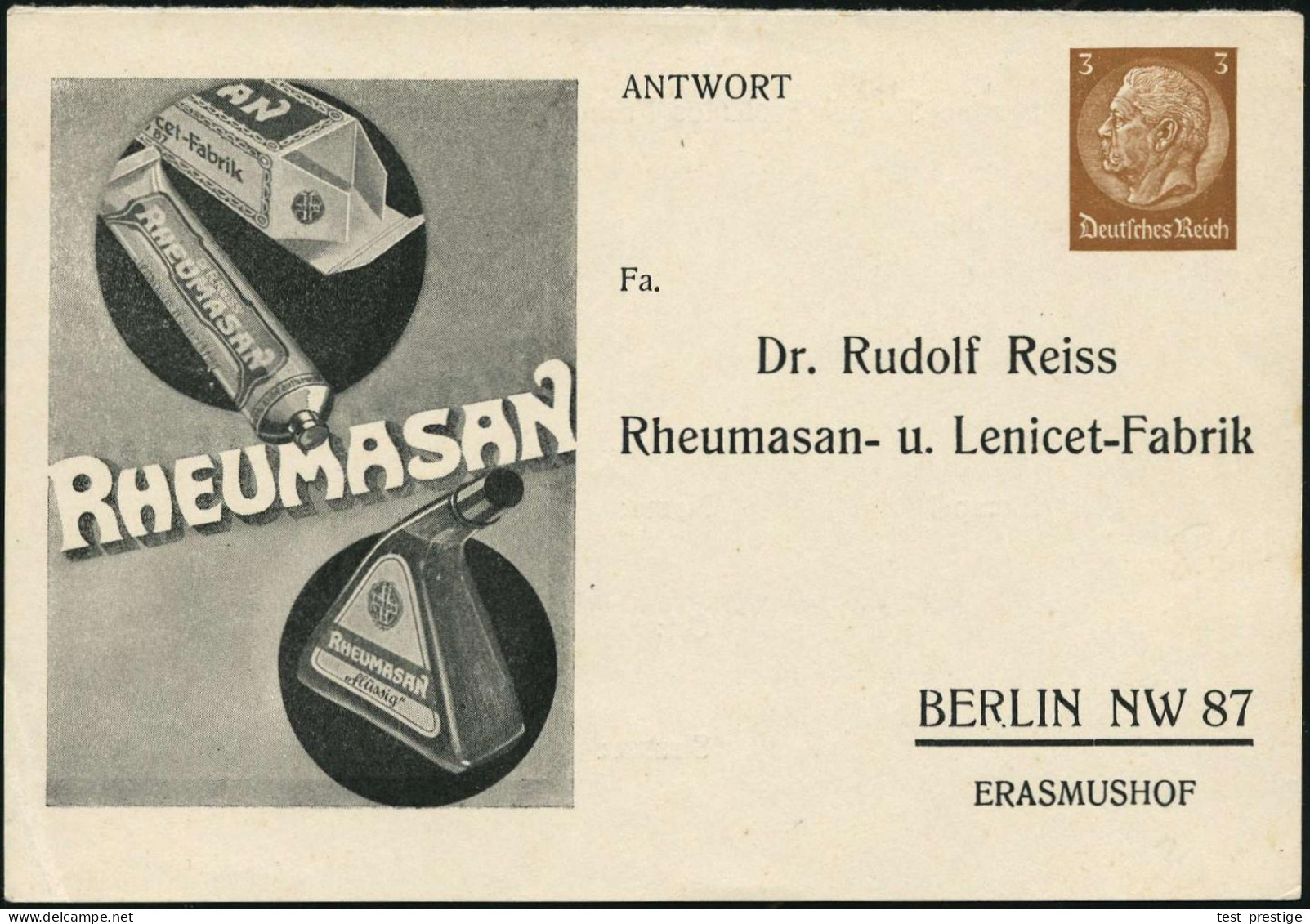 BERLIN NW 87 1935 (ca.) Antwort-PP 3 Pf. Hindenbg. Braun: Dr.Rud.Reiss/Rheumasan..Fabrik (Rheuma-Medikamente) Ungebr. An - Chimie