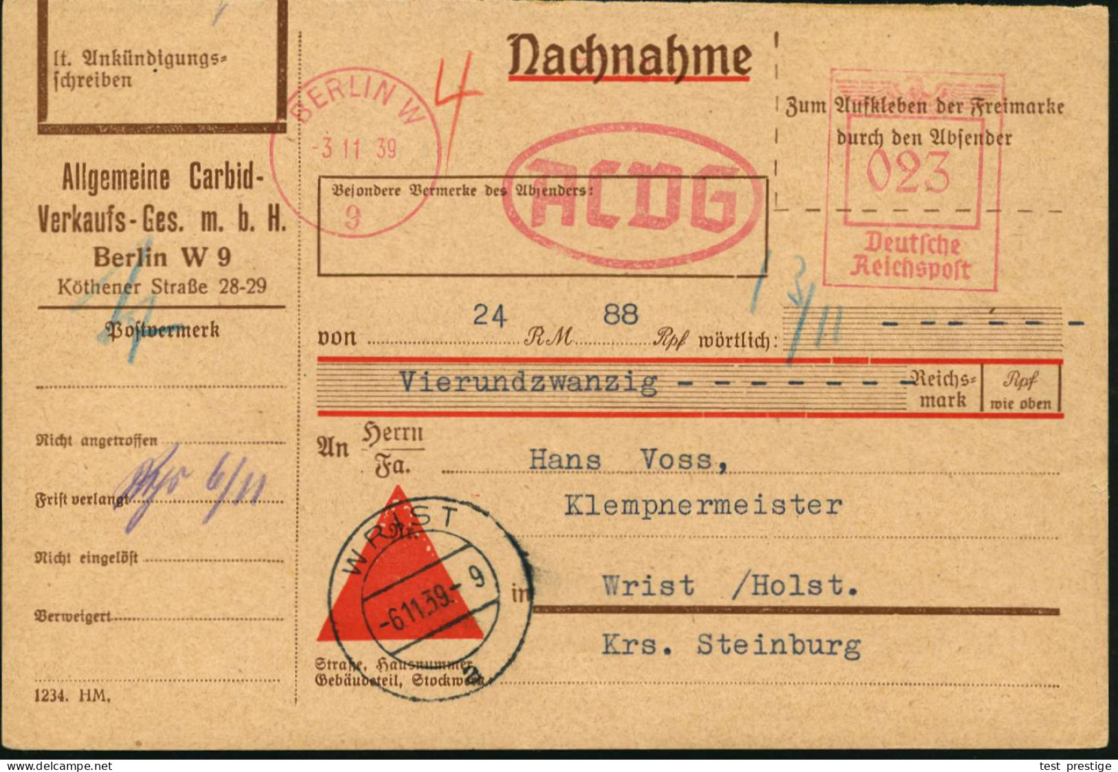 BERLIN W/ 9/ ACVG 1939 (3.11.) AFS Francotyp 023 Pf. = A Llgem. Carbid-Verkaufs-GmbH, Seltene Inl.-NN-Firmenkarte N. WRI - Chimie