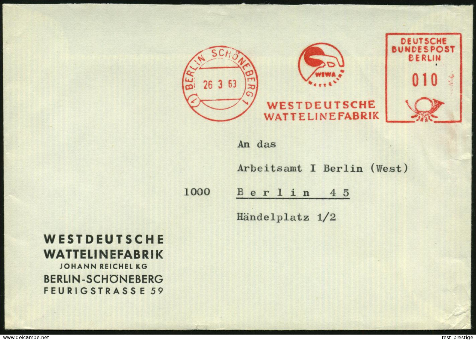 (1) BERLIN-SCHÖNEBERG 1/ WEWA/ WESTDEUTSCHE/ WATTELINEFABRIK 1966 (26.3.) AFS Postalia (Logo:.Bär U.Sonne) Firmen-Bf.: . - Chimica