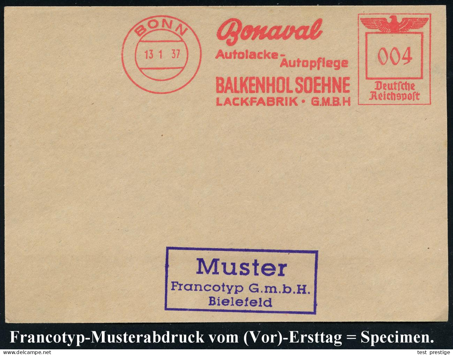 BONN/ Bonaval/ Autolacke-/ Autopflege/ BALKENHOL SÖHNE.. 1937 (13.1.) AFS-Musterabdruck Francotyp "Reichsadler" Glasklar - Chemie