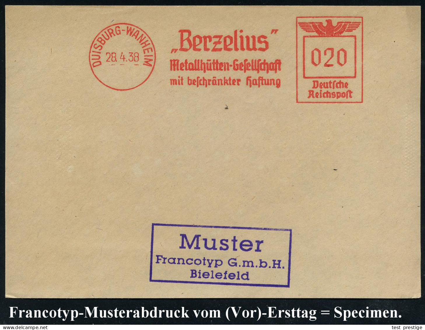 DUISBURG-WANHEIM/ "Berzelius"/ Metallhütten-Gesellschaft.. 1938 (28.4.) AFS-Musterabdruck Francotyp "Reichsadler" (= Jön - Chimica