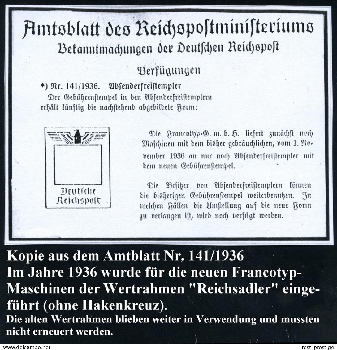 DUISBURG-WANHEIM/ "Berzelius"/ Metallhütten-Gesellschaft.. 1938 (28.4.) AFS-Musterabdruck Francotyp "Reichsadler" (= Jön - Chemie