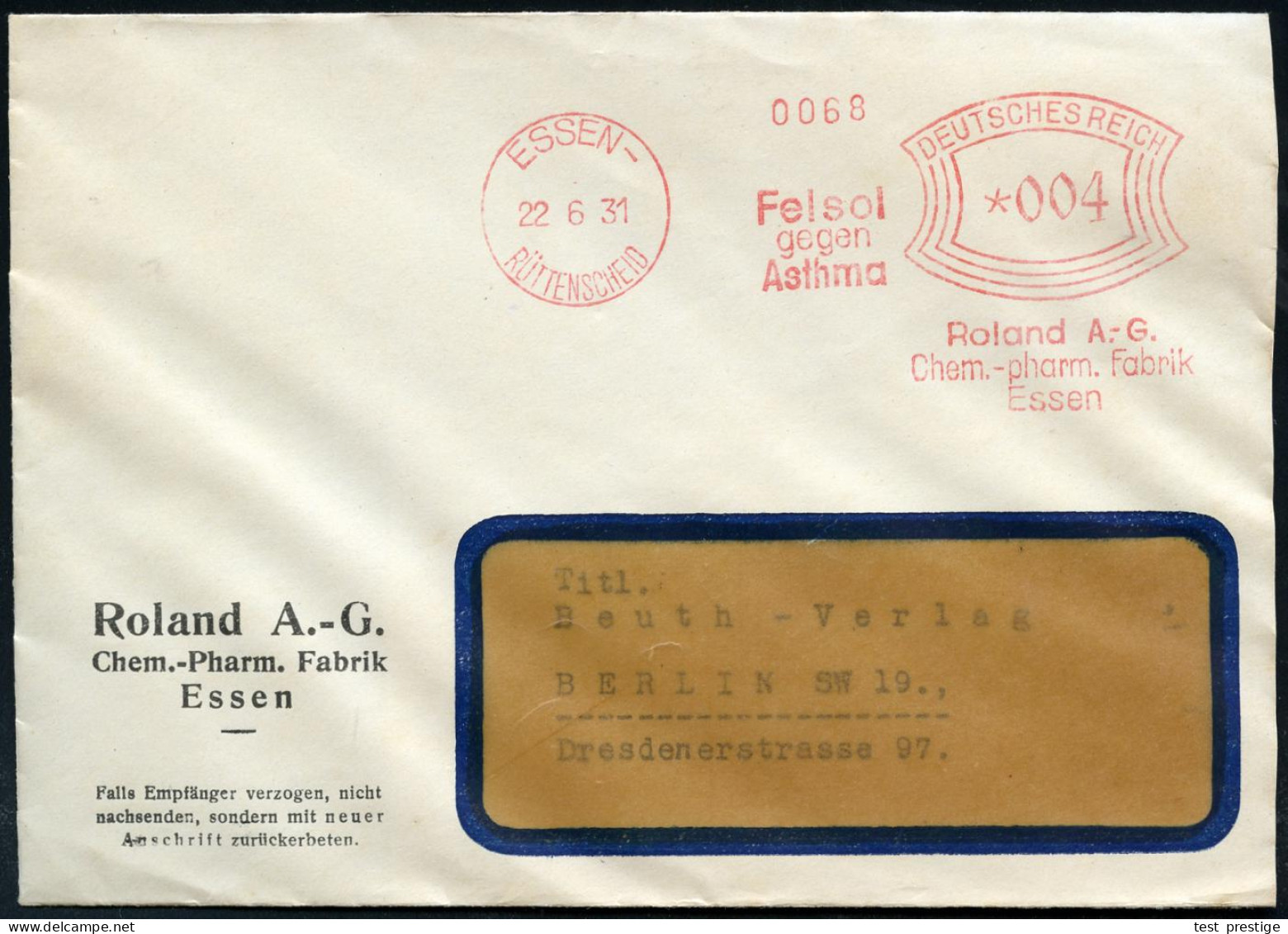 ESSEN-/ RÜTTENSCHEID/ Felson/ Gegen/ Asthma/ Roland AG.. 1931 (22.6.) AFS Francotyp , Klar Gest. Firmen--Bf. (Dü.E-1Ah)  - Chimie