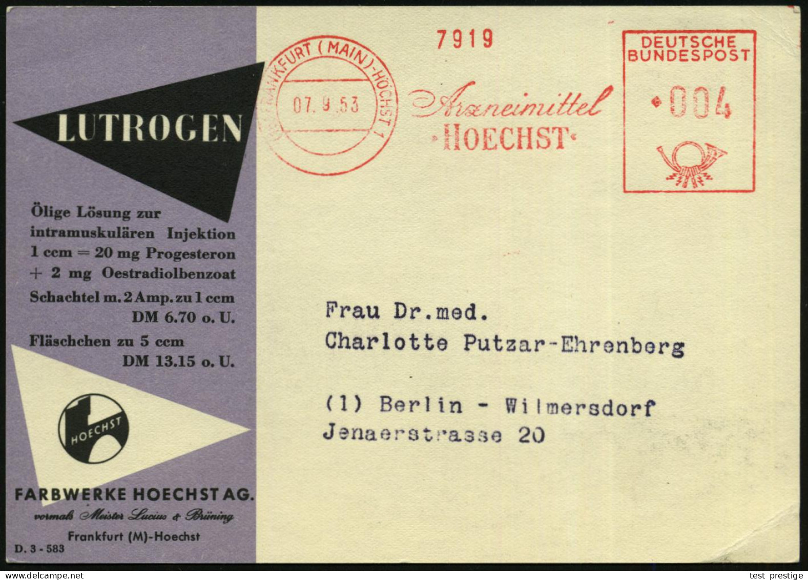 (16) FRANKFURT (MAIN)-HÖCHST 1/ Arzneimittel/ HOECHST 1953 (7.9.) Seltener AFS Francotyp = Verkürzte C-Type Auf Zweifarb - Química