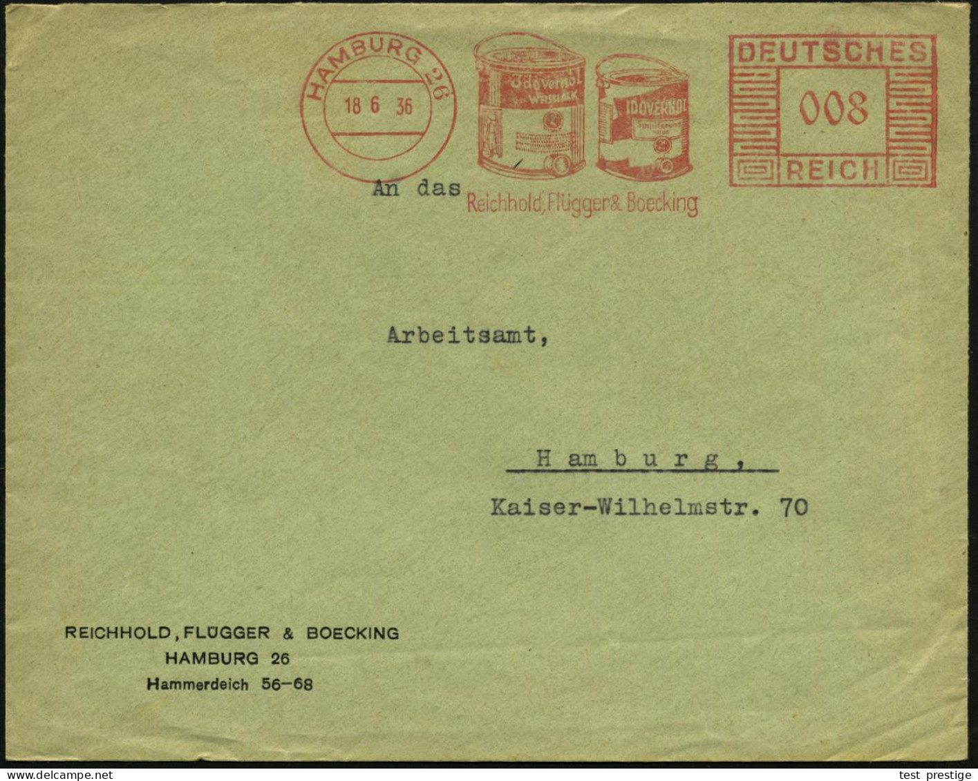 HAMBURG 26/ IDOVERNOL/ WEISSLACK../ Schleifgrund/ Reichhold,Flügger & Boecking 1936 (18.6.) AFS Francotyp = 2 Farbeimer  - Chimie