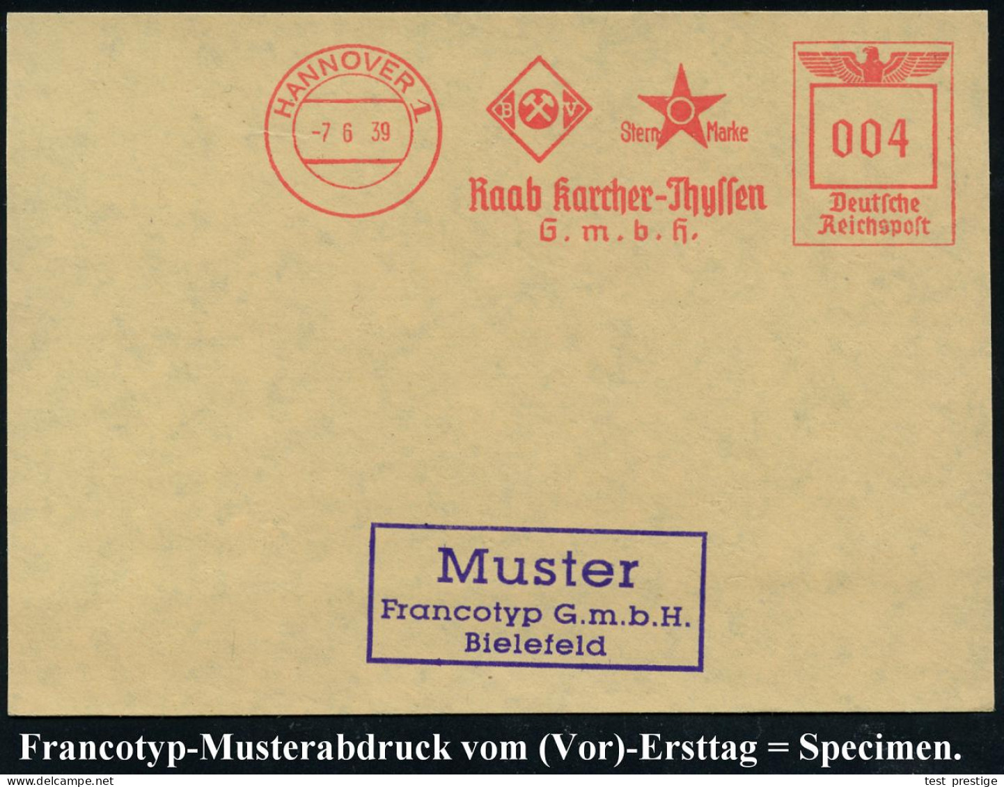 HANNOVER 1/ ..Raab Karcher-Thyssen/ GmbH 1939 (2.6.) AFS-Musterabdruck Francotyp  "Reichsadler" (Firmenlogo: BV-Aral Etc - Chimica