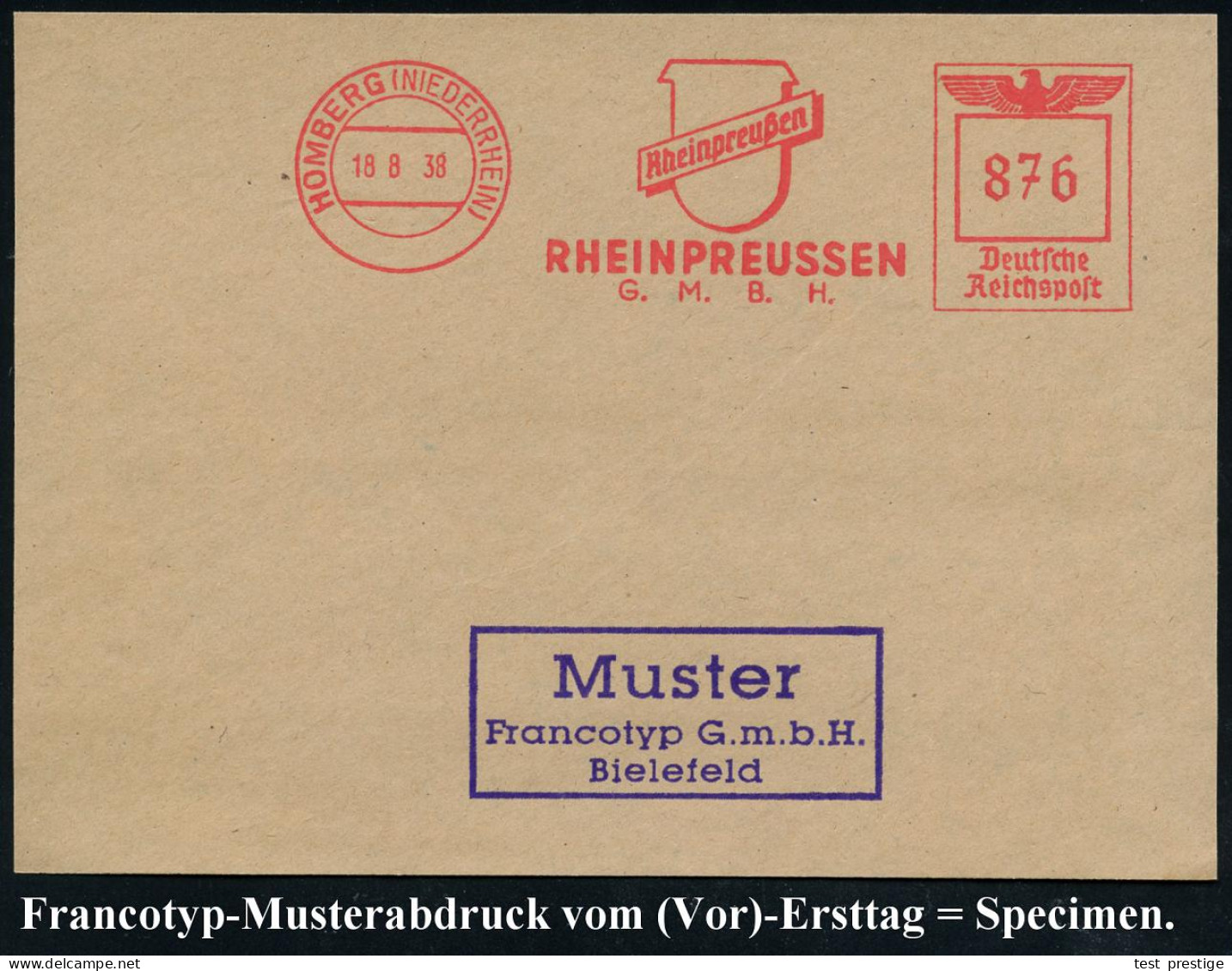 HOMBERG (NIEDERRHEIN)/ RHEINPREUSSEN/ GMBH 1938 (18.8.) AFS-Musterabdruck Francotyp "Reichsadler" (Firmen-Logo = Mineral - Chemie