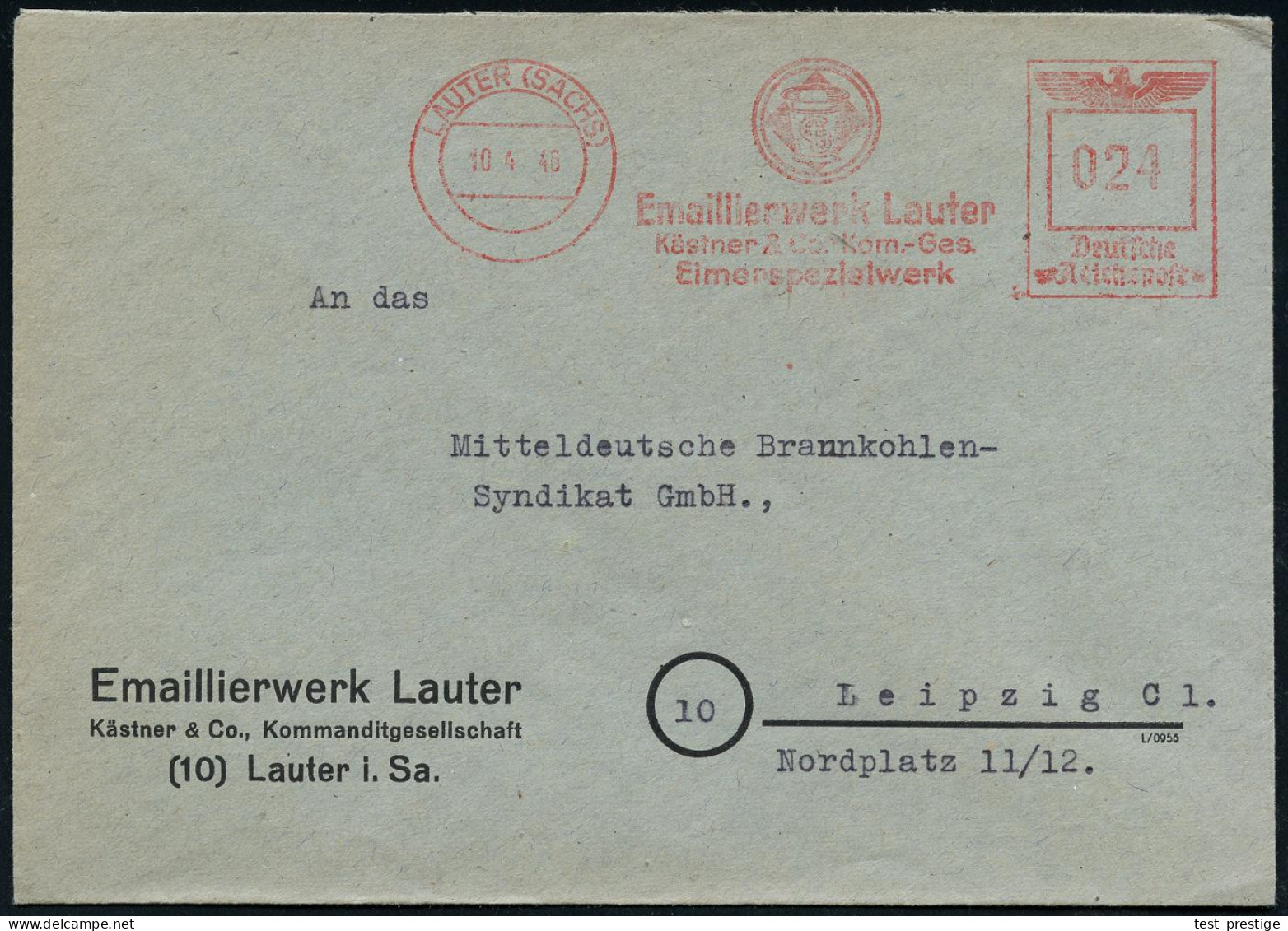 LAUTER (SACHS)/ Emaillierwerk Lauter/ Kästner & Co, Kom.-Ges./ Eimerspezialwerk 1946 (10.4.) Seltener AFS Francotyp "Rei - Chimie