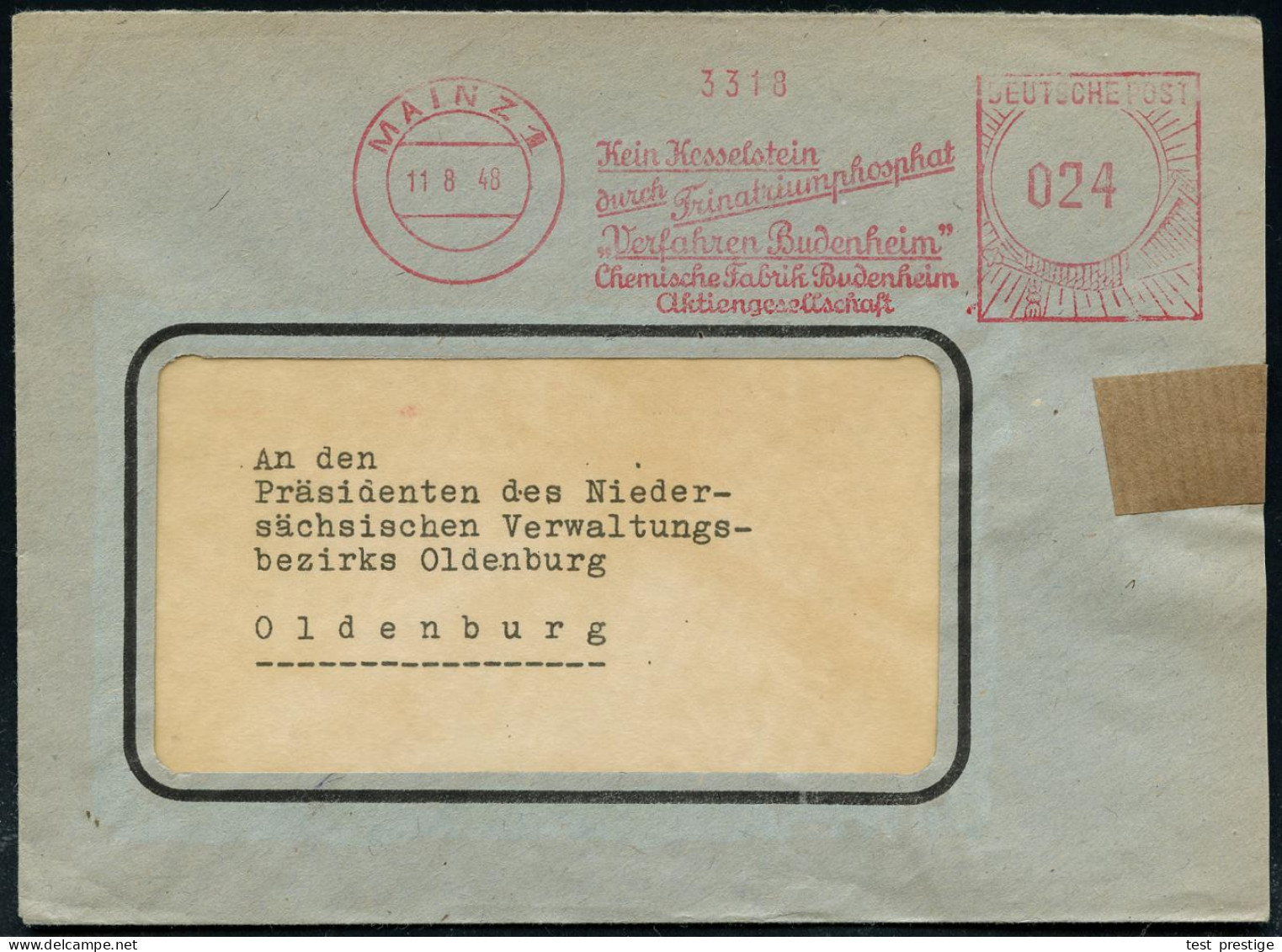 MAINZ 1/ Kein Kesselstein/ Durch Frinatiumphosphat../ Chemische Fabrik Budenheim 1948 (11.8.) AFS Francotyp "Gr. Posthor - Chimica