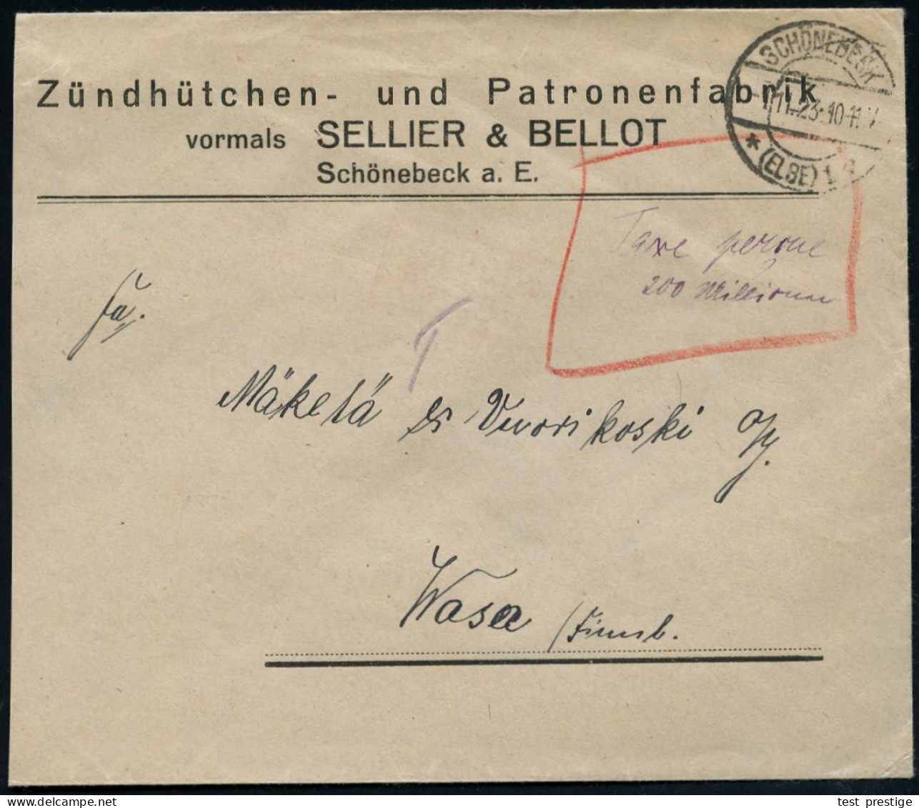 SCHÖNEBECK/ *(ELBE)1a 1923 (1.11.) 1K-Brücke + Hs. "Taxe Percue, 200 Millionen" Auf Firmen-Bf.: Zündhütchen- U. Patronen - Chemie