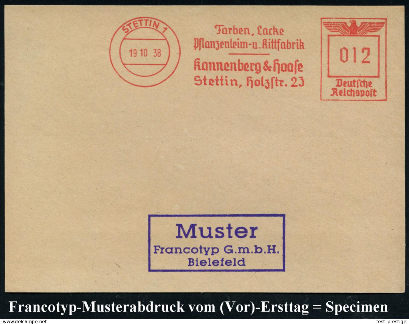 STETTIN 1/ Farben.Lacke/ Pflanzenleiim-u.Kittfabrik/ Kannenberg & Haase.. 1938 (19.10.) AFS-Musterabdruck Francotyp "Rei - Química