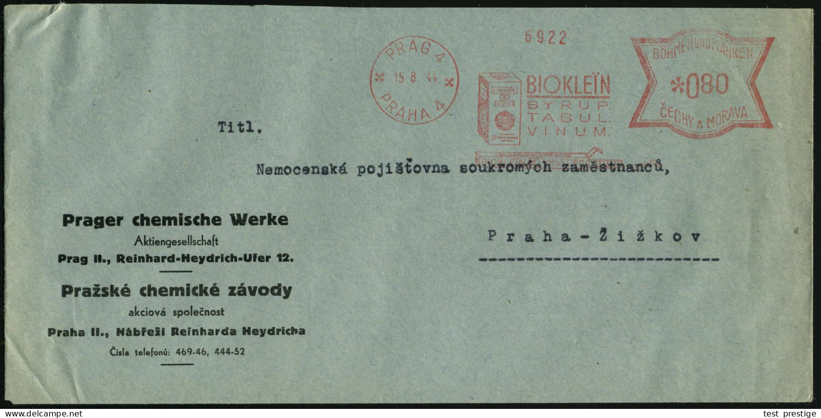 BÖHMEN & MÄHREN 1944 (15.8.) AFS Francotyp: PRAG 4/PRAHA 4/BIOKLEIN/SYRUP/TABUL/VINUM.. (Bioklein-Packung) Firmen-Bf.: P - Chimica