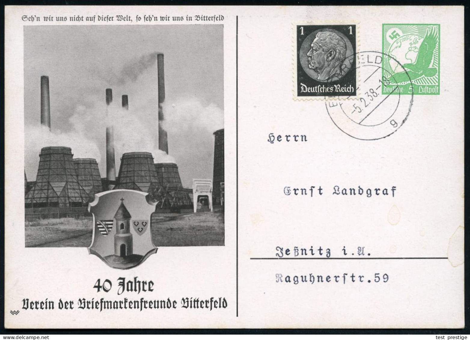 BITTERFELD/ G 1938 (8.3.) 2K-Steg Auf PP 5 Pf. Adler, Grün: 40 Jahre/Verein Der Briefmarkenfreunde Bitterfeld = Chemie-A - Chemistry