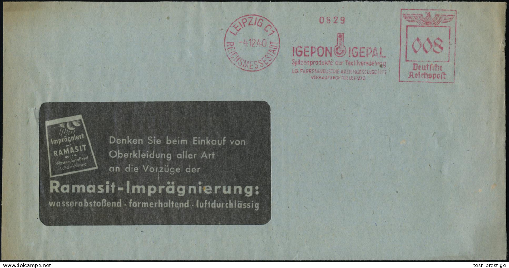 LEIPZIG C1/ REICHSMESSESTADT/ IGEPON IGEPAL/ ..Textilveredlung/ IG.FARBEN.. 1940 (4.12.) AFS Francotyp (IG-Logo) Klar Au - Chemie