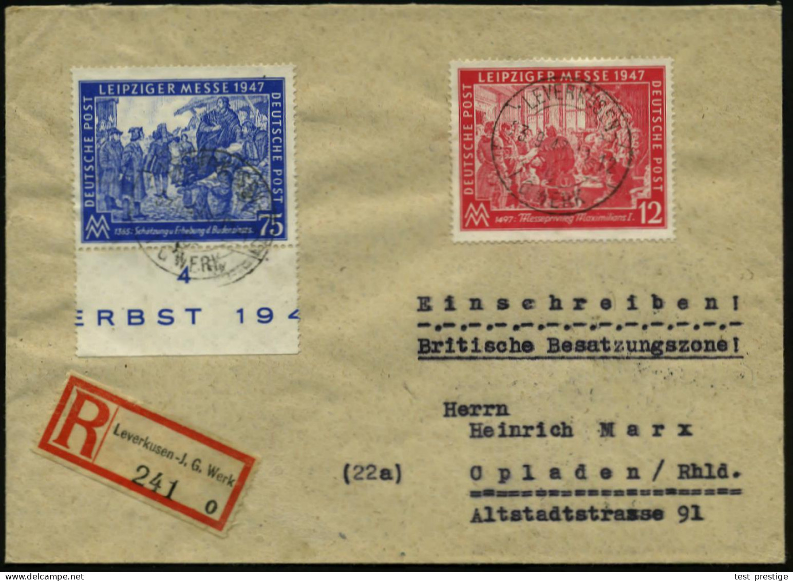 LEVERKUSEN-/ C/ I.G. WERK 1947 (23.9.) 1K-Brücke Mit UB "c", = Hauspostamt Bayer-Werk Unverändert 2x Auf Leipz. Messe-Sa - Chemie
