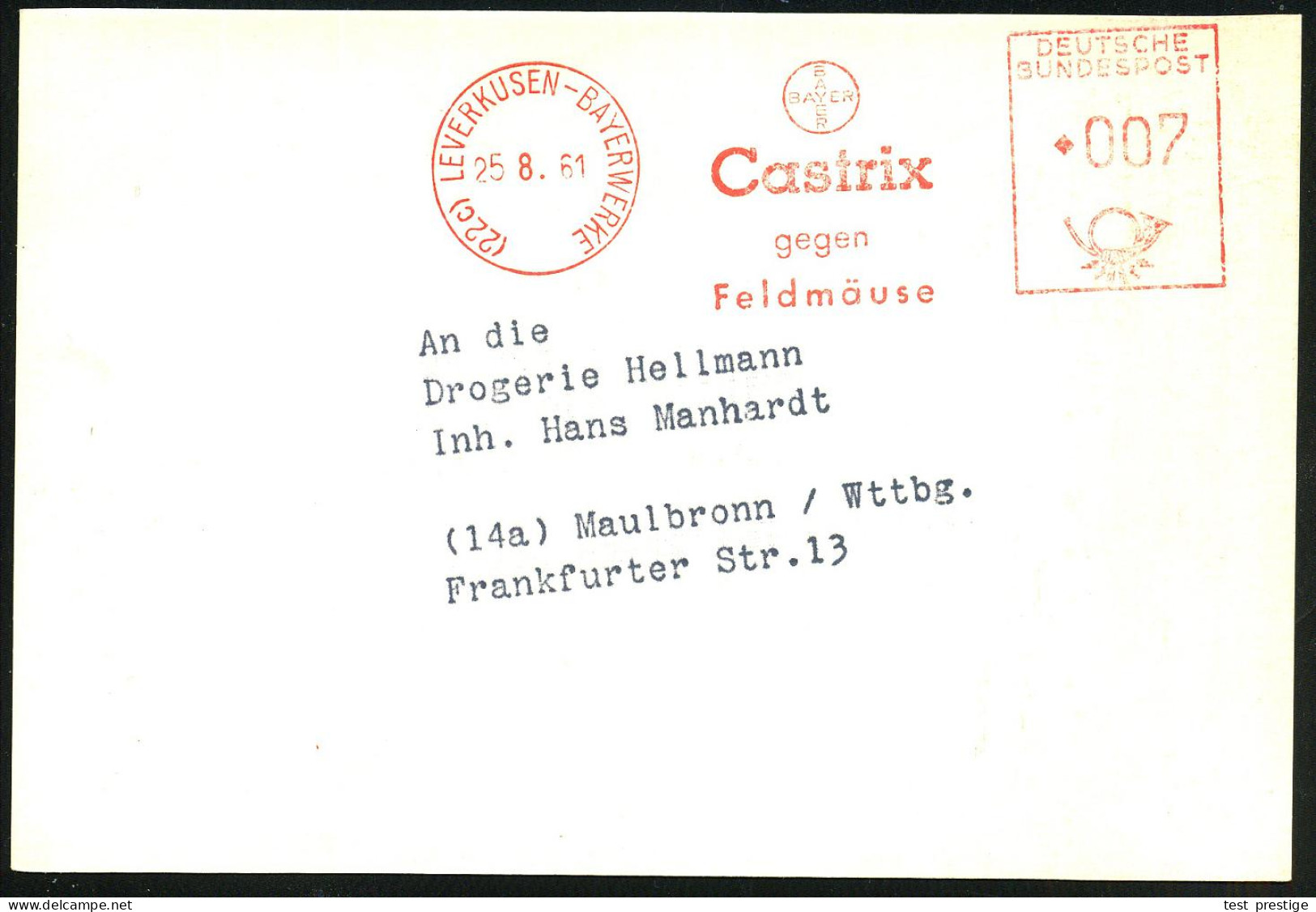 (22c) LEVERKUSEN-BAYERWERK/ BAYER/ Castrix/ Gegen/ Feldmäuse 1961 (24.2.) Seltener AFS = Hauspostamt , Klar Gest. Castri - Chemistry