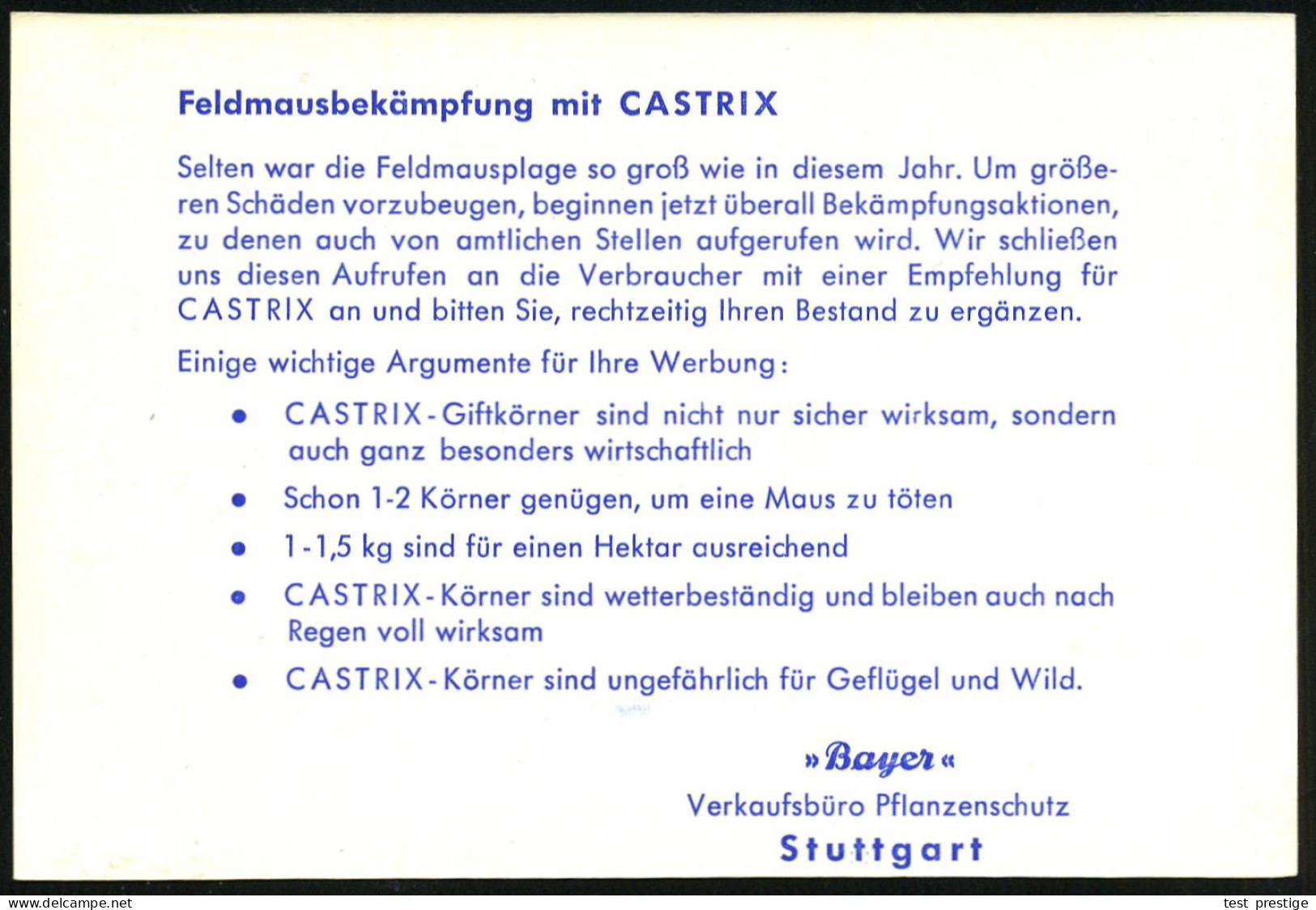(22c) LEVERKUSEN-BAYERWERK/ BAYER/ Castrix/ Gegen/ Feldmäuse 1961 (24.2.) Seltener AFS = Hauspostamt , Klar Gest. Castri - Chemie