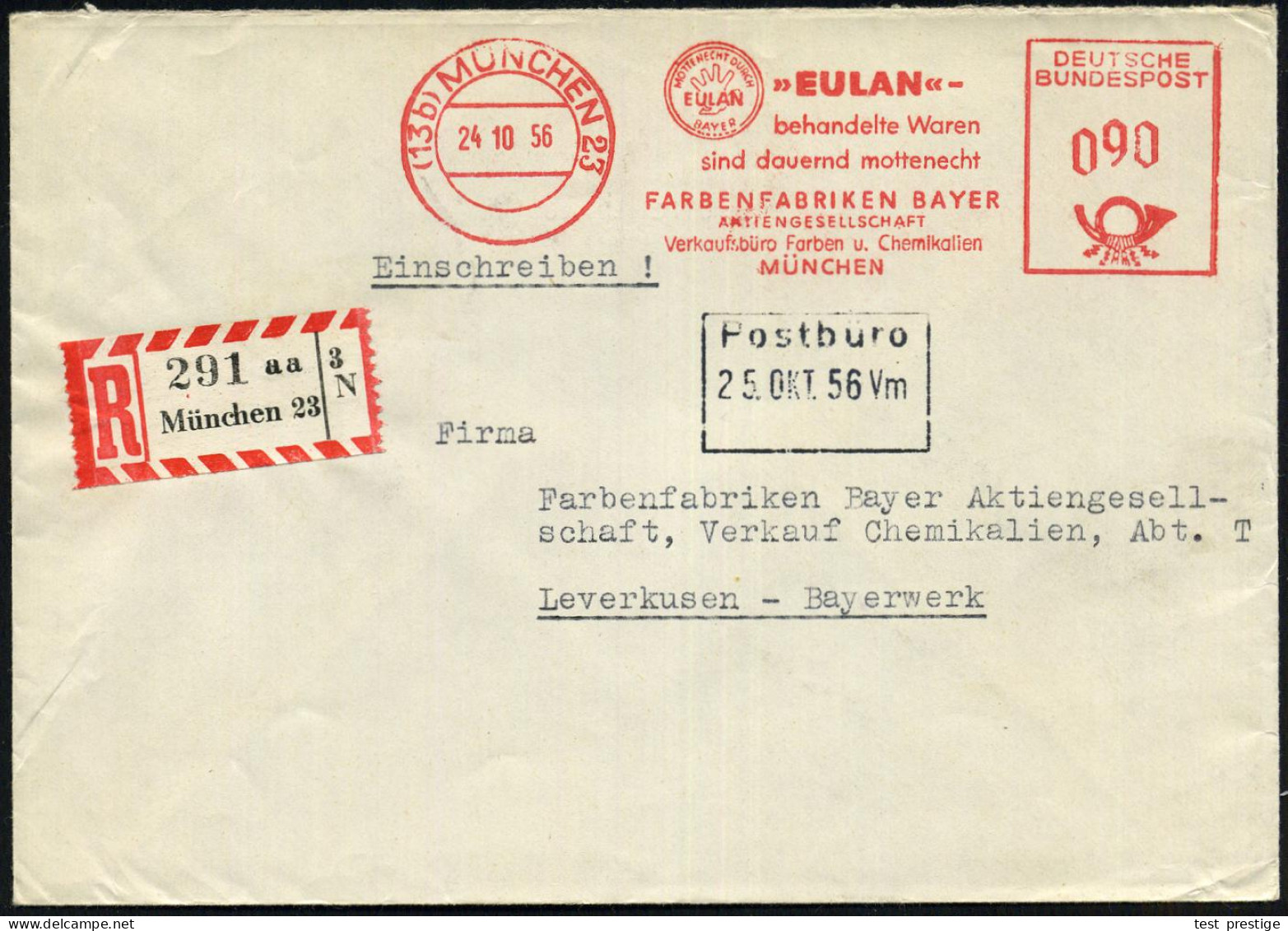 (13b) MÜNCHEN 23/ "EULAN"../ Dauernd Mottenecht/ FARBENFABRIKEN BAYER.. 1956 (24.10.) AFS 090 Pf. (Logo: Hand) + RZ: Mün - Chemistry