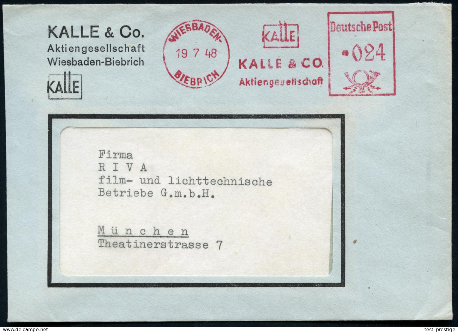 WIESBADEN-/ BIEBRICH/ KALLE & CO/ AG 1948 (19.7.) AFS Francotyp "Posthorn" , Klar Gest. Firmen-Bf. = Ehem. I.G.-Farben-B - Química