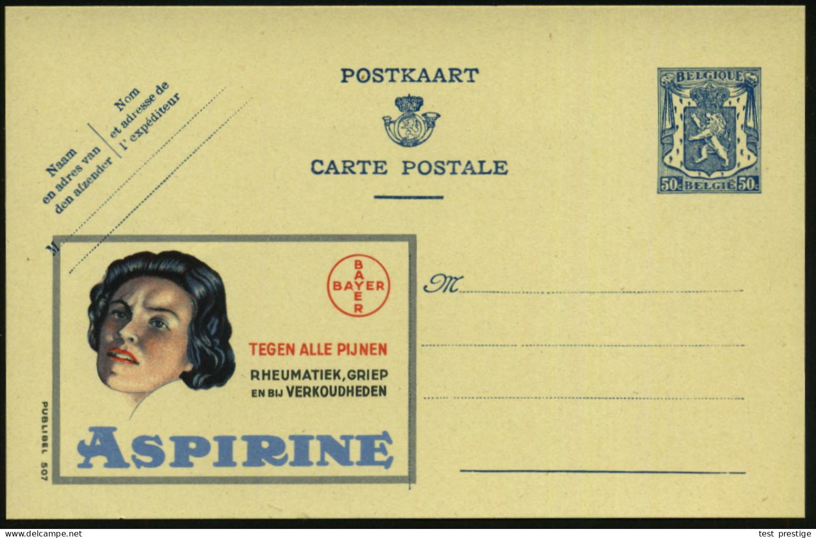 BELGIEN 1941 50 C. Reklame-P. "Publibel" Wappenlöwe, Blau: BAYER, CONTRE TOUTES DOULEURS, RHUMATISME, GRIPPE.. ASPIRINE  - Química