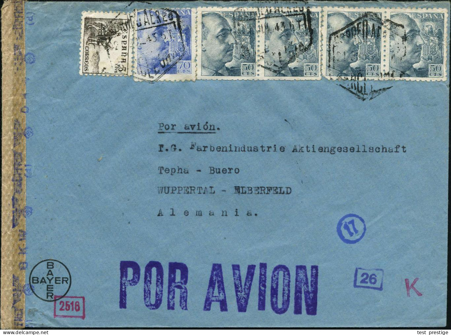 SPANIEN 1943 (21.7.) Franco 50 C. (4x), 70 C. U.a. A.Vordr.Bf.: BAYER, Rs.Ra2: CENSURA GUBERNATIVA/BARCELONA (Wo.III-1)  - Chimie