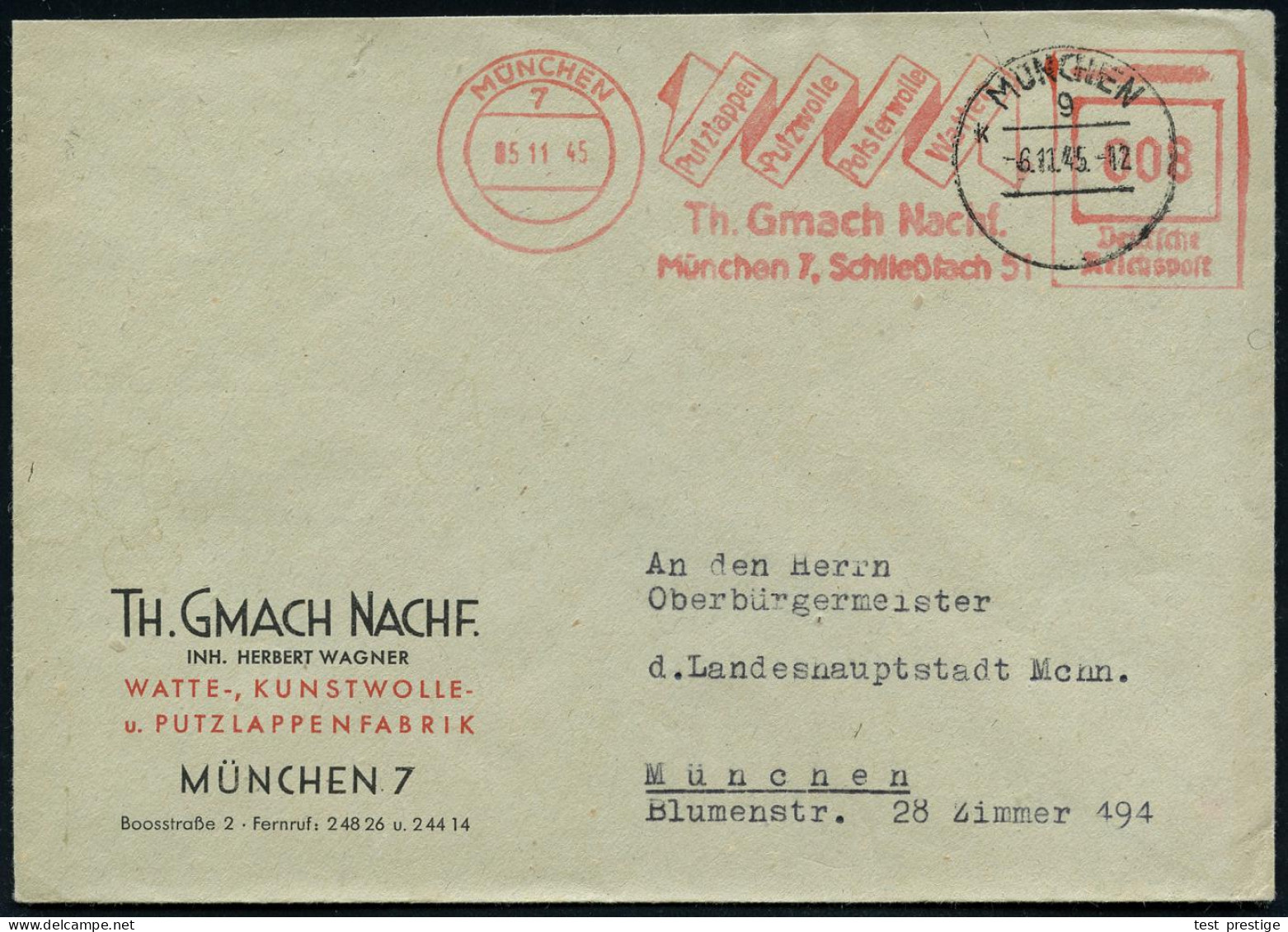 MÜNCHEN/ 2/ Putzlappen/ Putzwolle/ Polsterwolle/ Watten/ Th.Gmach Nacht. 1945 (5.11.) Aptierter AFS Franco-typ "Reichsad - Chimie