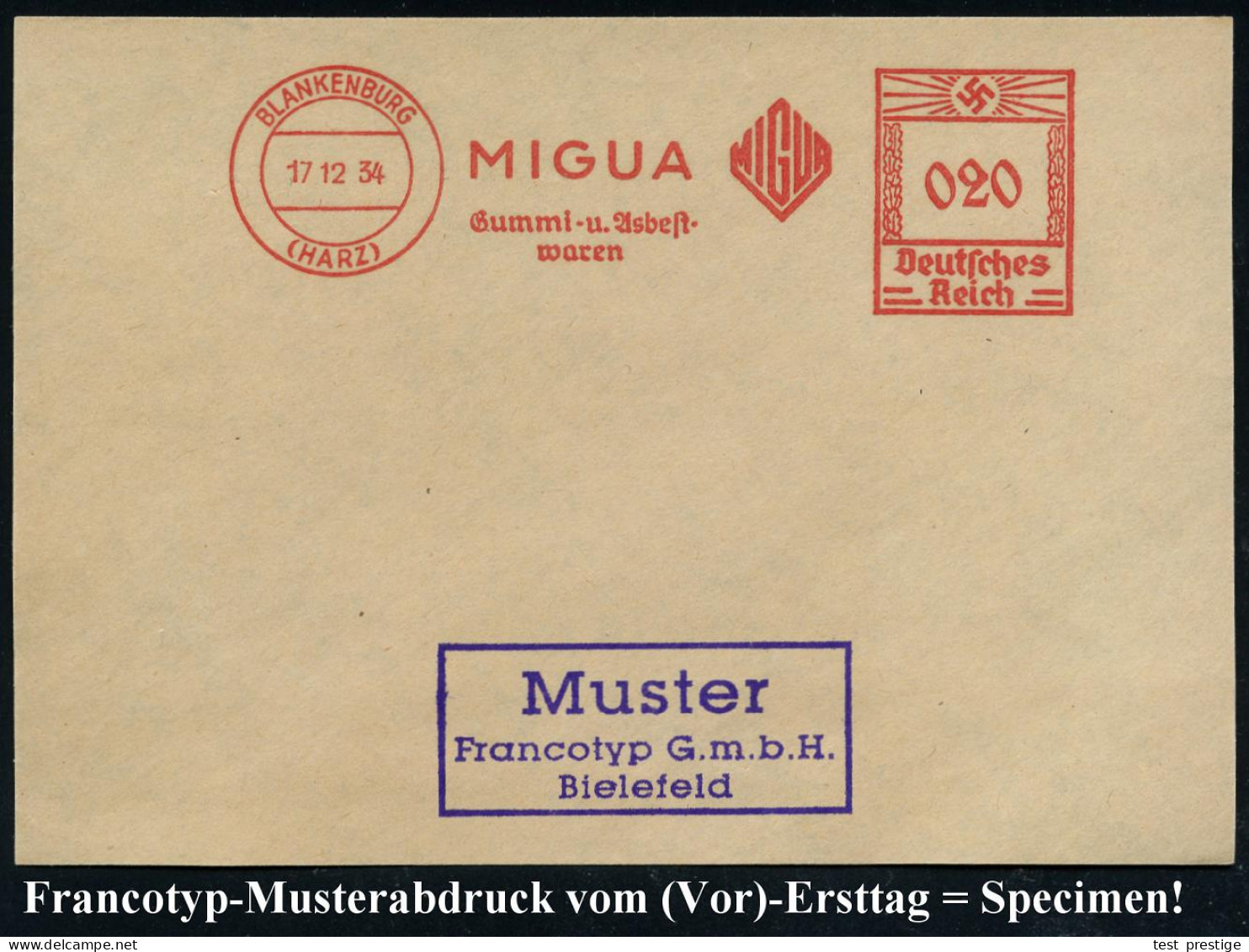 BLANKENBURG/ (HARZ)/ MIGUA/ Gummi-u./ Asbest-/ Waren 1934 (17.12.) AFS-Musterabdruck Francotyp "Hakenkreuz" , Glasklar G - Chimie