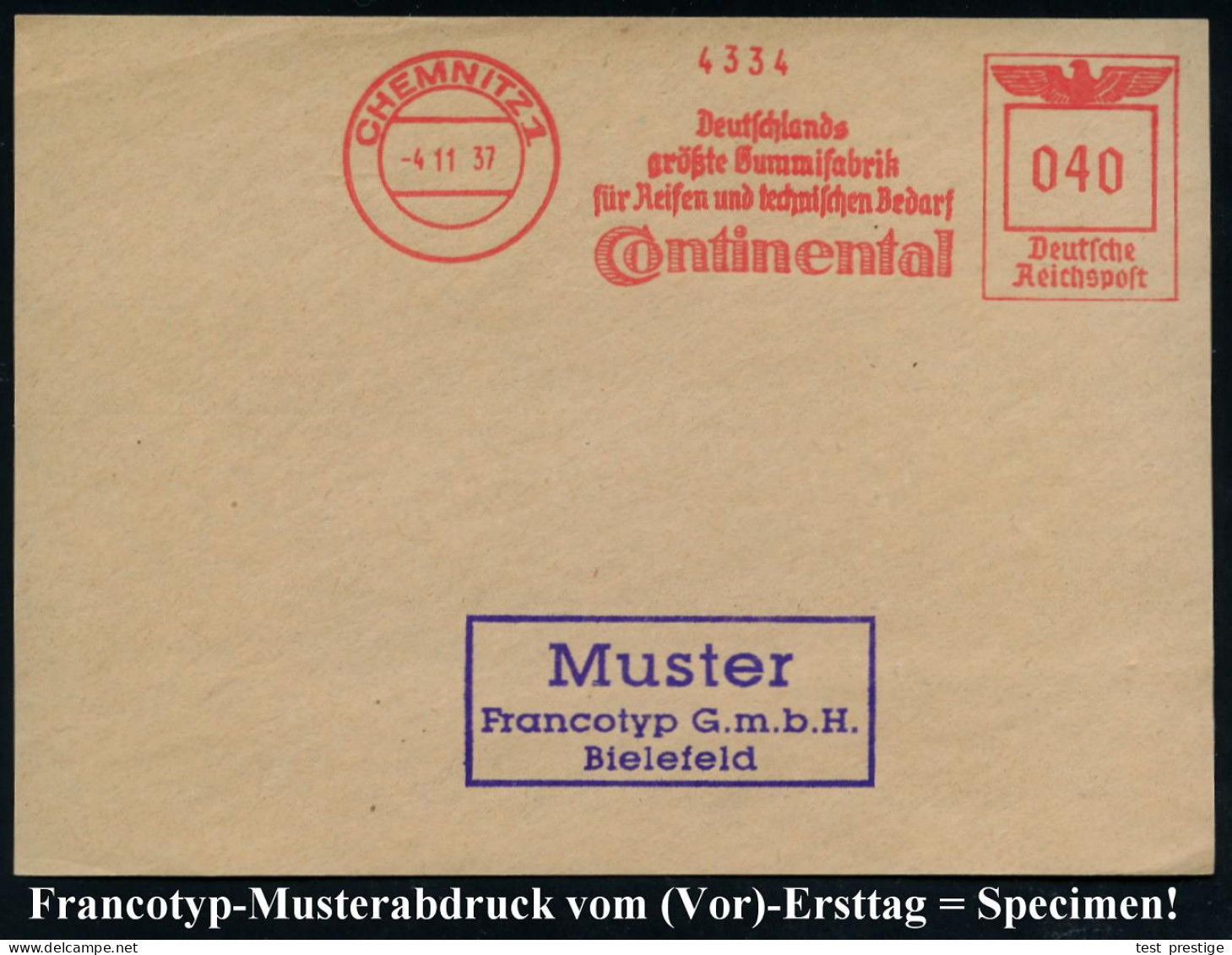 CHEMNITZ 1/ Deutschlands/ Größte Gummifabrik/ Für Reifen U.techn.Bedarf/ Continental 1937 (4.11.) AFS-Musterabdruck Fran - Chemistry