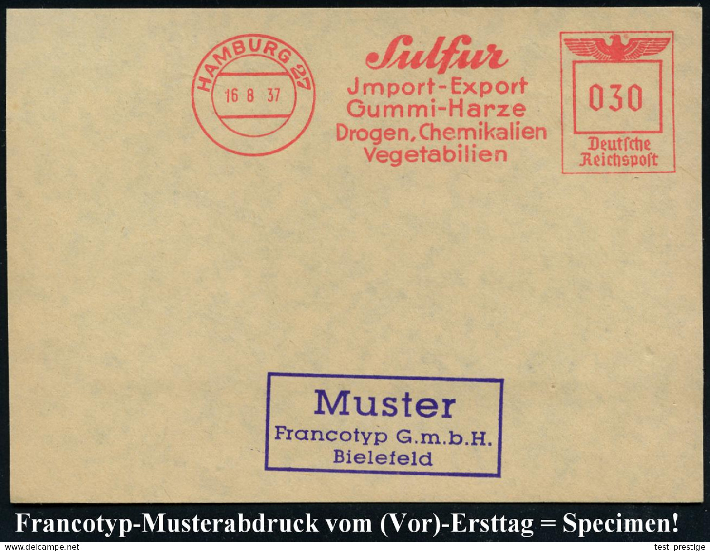 HAMBURG 27/ Sulfur/ Jmport-Export/ Gummi-Harze/ Drogen,Chemikalien.. 1937 (16.8.) AFS-Musterabdruck Francotyp "Reichsadl - Chimie
