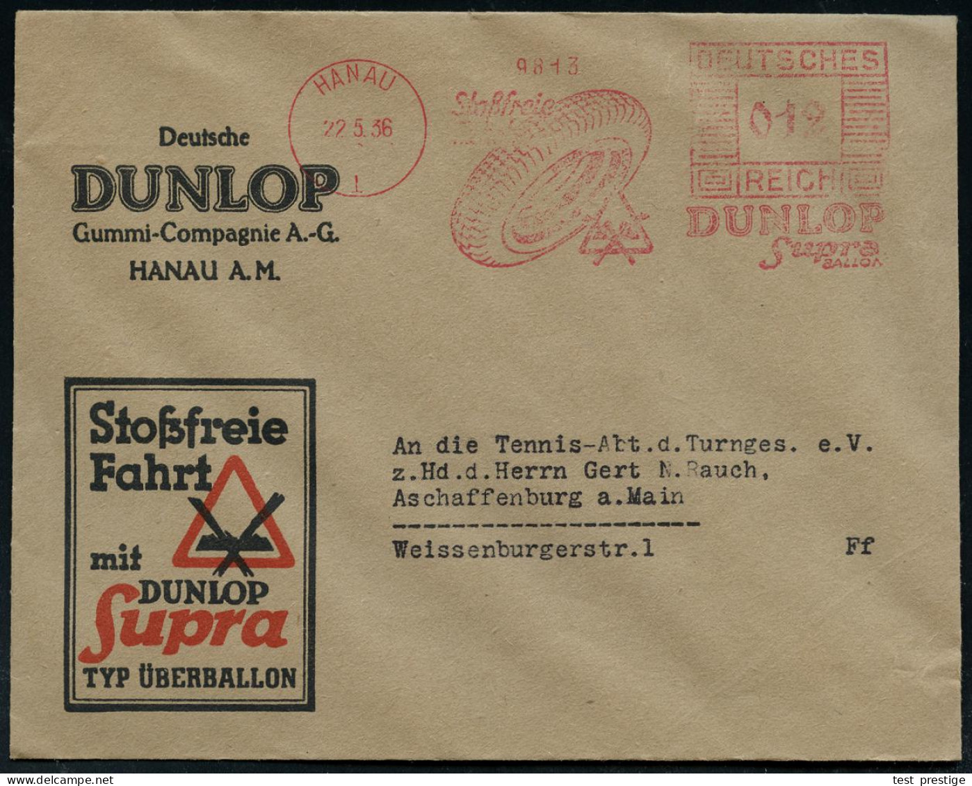 HANAU/ 1/ Stoßfreie/ Fahrt/ DUNLOP/ Supra/ BALLON 1936 (22.5.) AFS Francotyp "Mäanderrechteck" = PKW-Reifen, Verkehrssch - Chimie