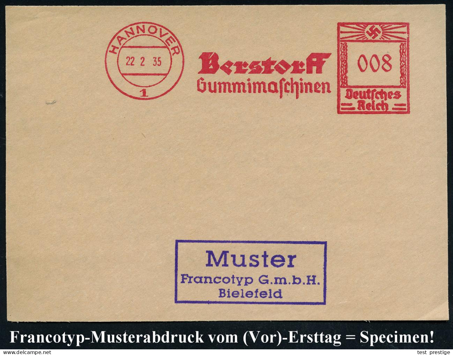 HANNOVER/ 1/ Berstorff/ Gummimaschinen 1934 (22.2.) AFS-Musterabdruck Francotyp "Hakenkreuz" Glasklar Auf Francotyp-Must - Chimie